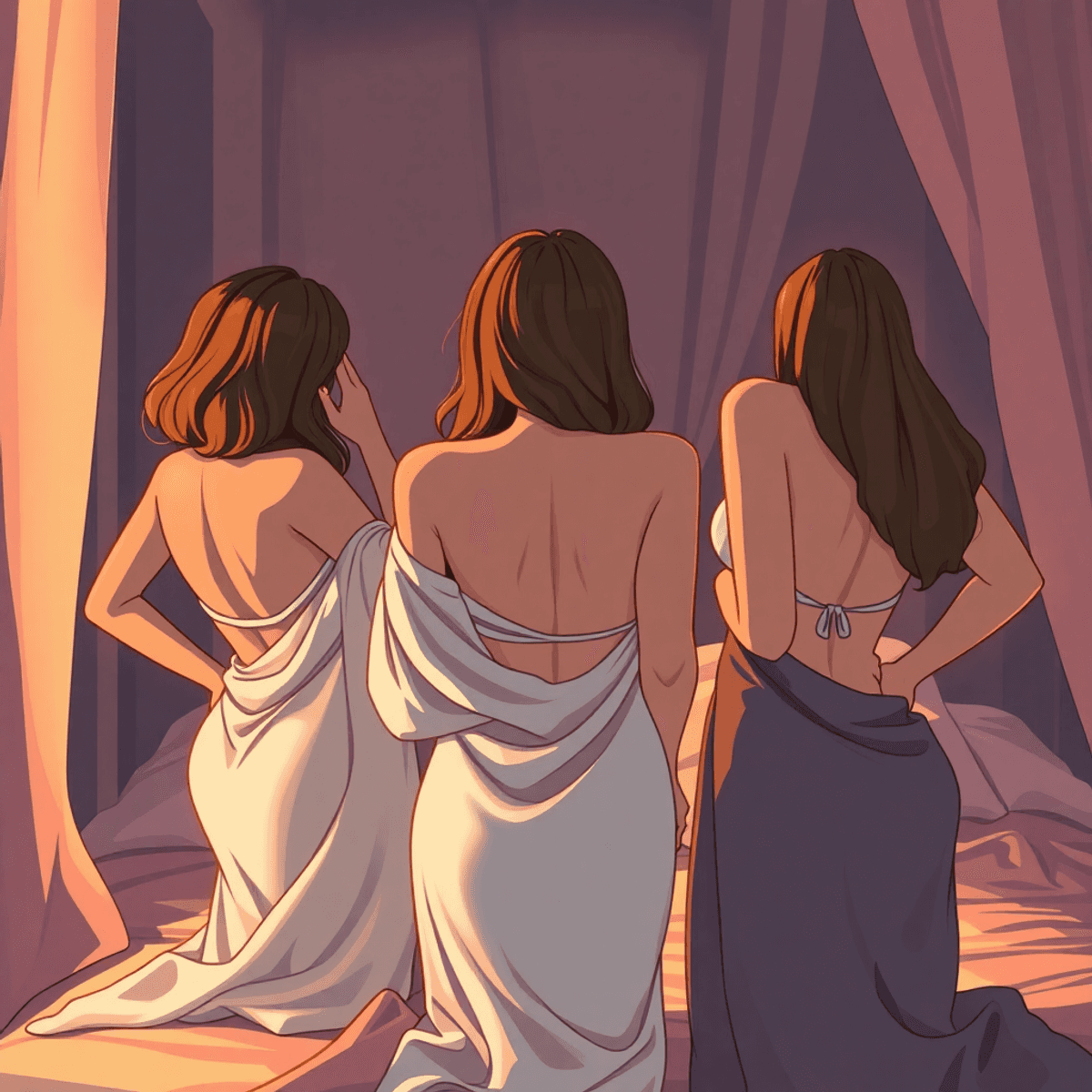 Cartoon-style boudoir scene with soft lighting, luxurious fabrics, and subtle sensuality, focusing on empowerment and self-expression without showing faces.