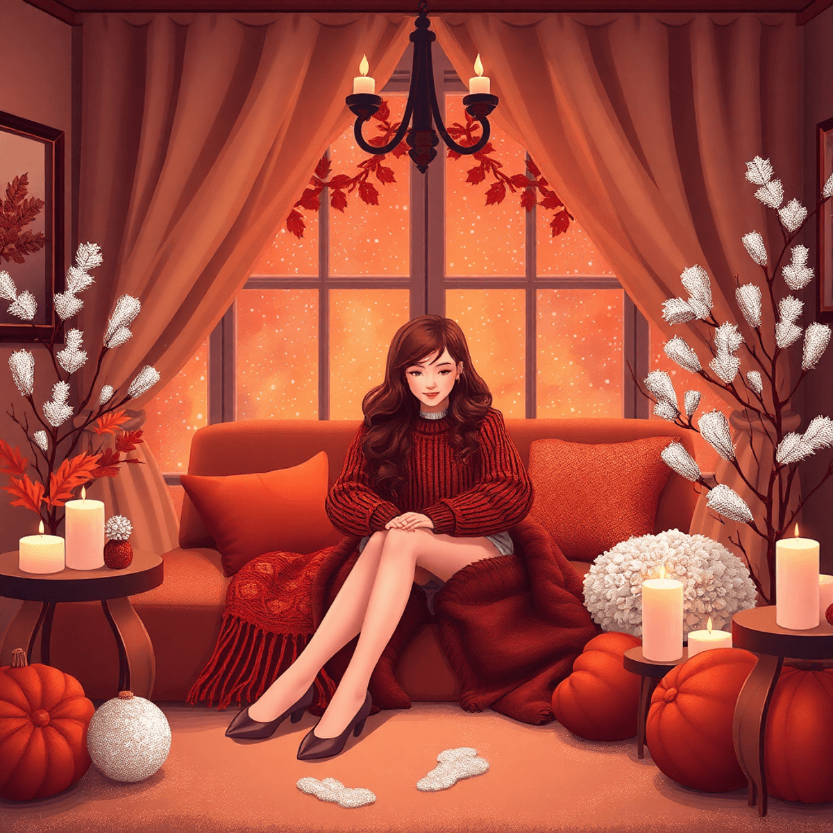 Cartoon-style cozy boudoir with warm autumn colors, soft knitted sweaters, shimmering silver accents, and velvet textures creating an intimate, inviting atmosphere.