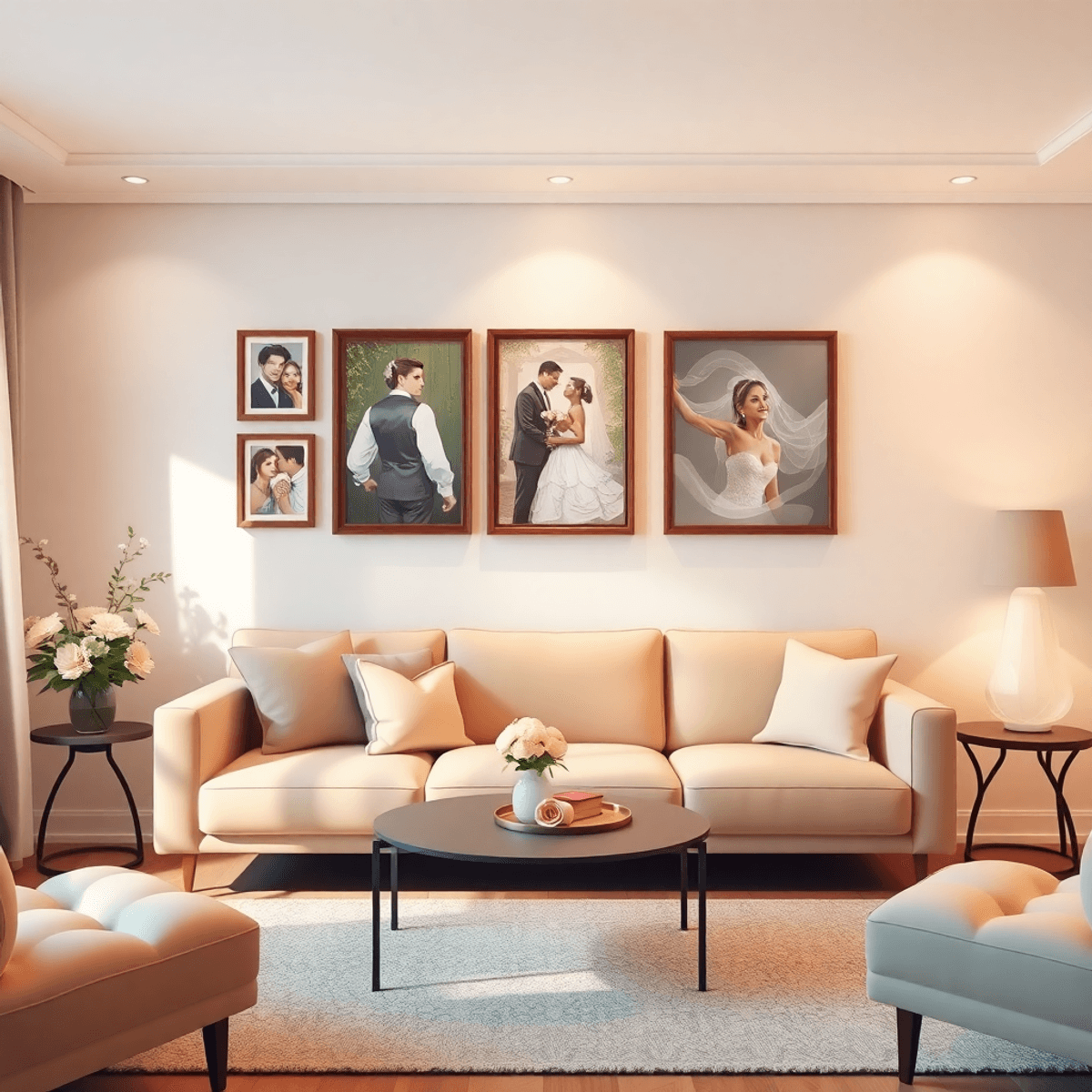 Cartoon-style living room wall with elegant wedding photo art, soft natural light, and subtle floral accents creating a warm, romantic atmosphere.