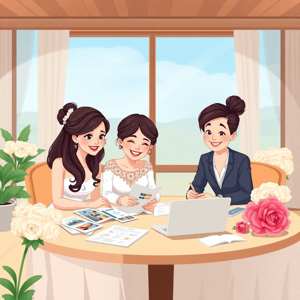 Cartoon of a happy couple and wedding planner reviewing photos and notes at a table with decor samples and a laptop, symbolizing joyful wedding preparation.