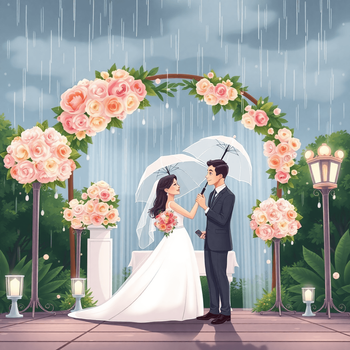 Cartoon-style romantic outdoor wedding with couple under umbrellas, elegant rain-kissed flowers, lush greenery, and soft natural light.