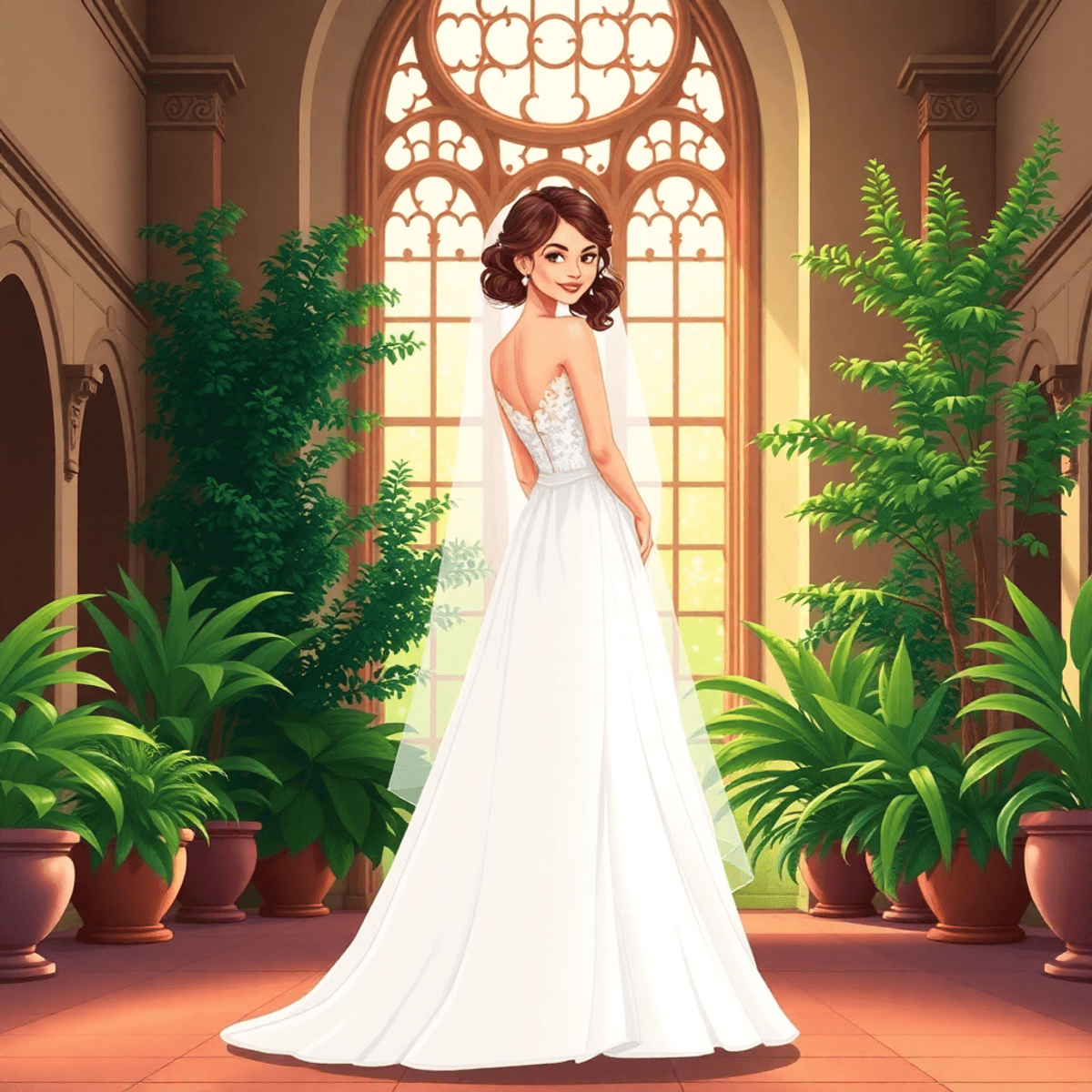 Cartoon of a radiant bride in an elegant gown standing in a historic venue with architectural details and lush garden elements.