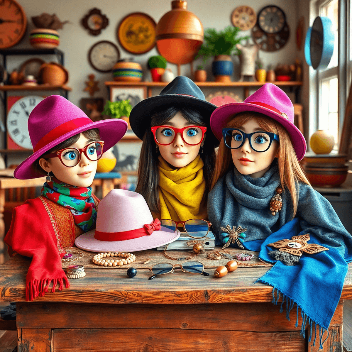 Cartoon-style portrait setup with colorful hats, scarves, vintage jewelry, quirky glasses on a rustic wooden table in a bright, warm, eclectic setting.