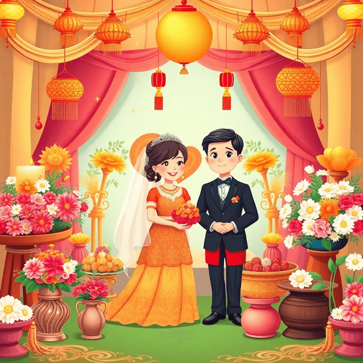 A vibrant cartoon wedding scene with colorful decorations, symbolic artifacts, and elegant floral arrangements, radiating joy and celebration of love.