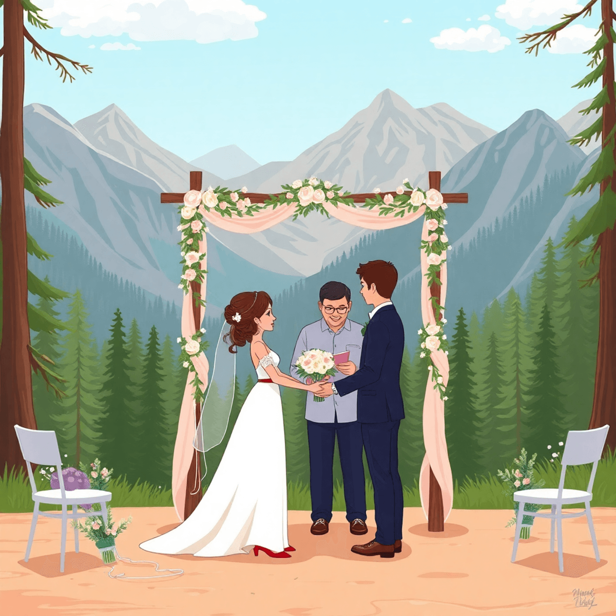 Cartoon of a small romantic outdoor elopement with a decorated arch, minimal seating, mountains, and forest in the background.