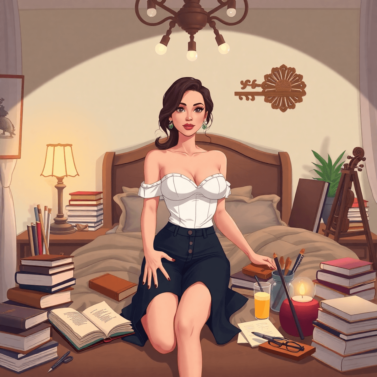 Cartoon-style boudoir scene of a confident woman in an elegant bedroom surrounded by books, musical instruments, and painting supplies.