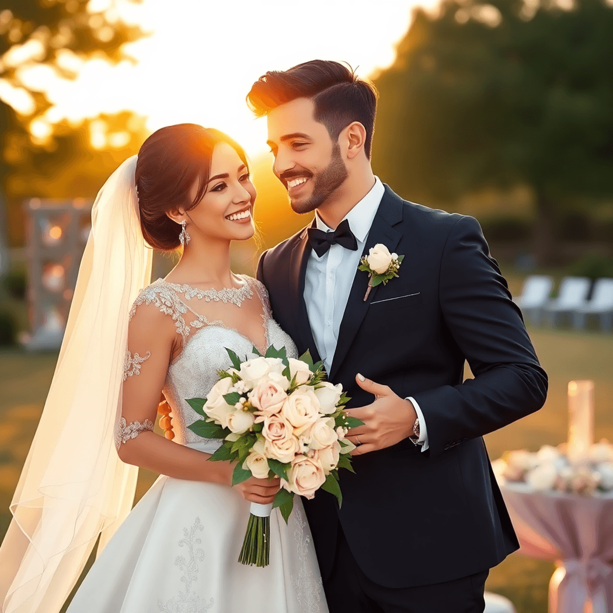 Cartoon-style elegant couple outdoors at golden hour, surrounded by flowers and decorations, smiling joyfully in soft natural light.