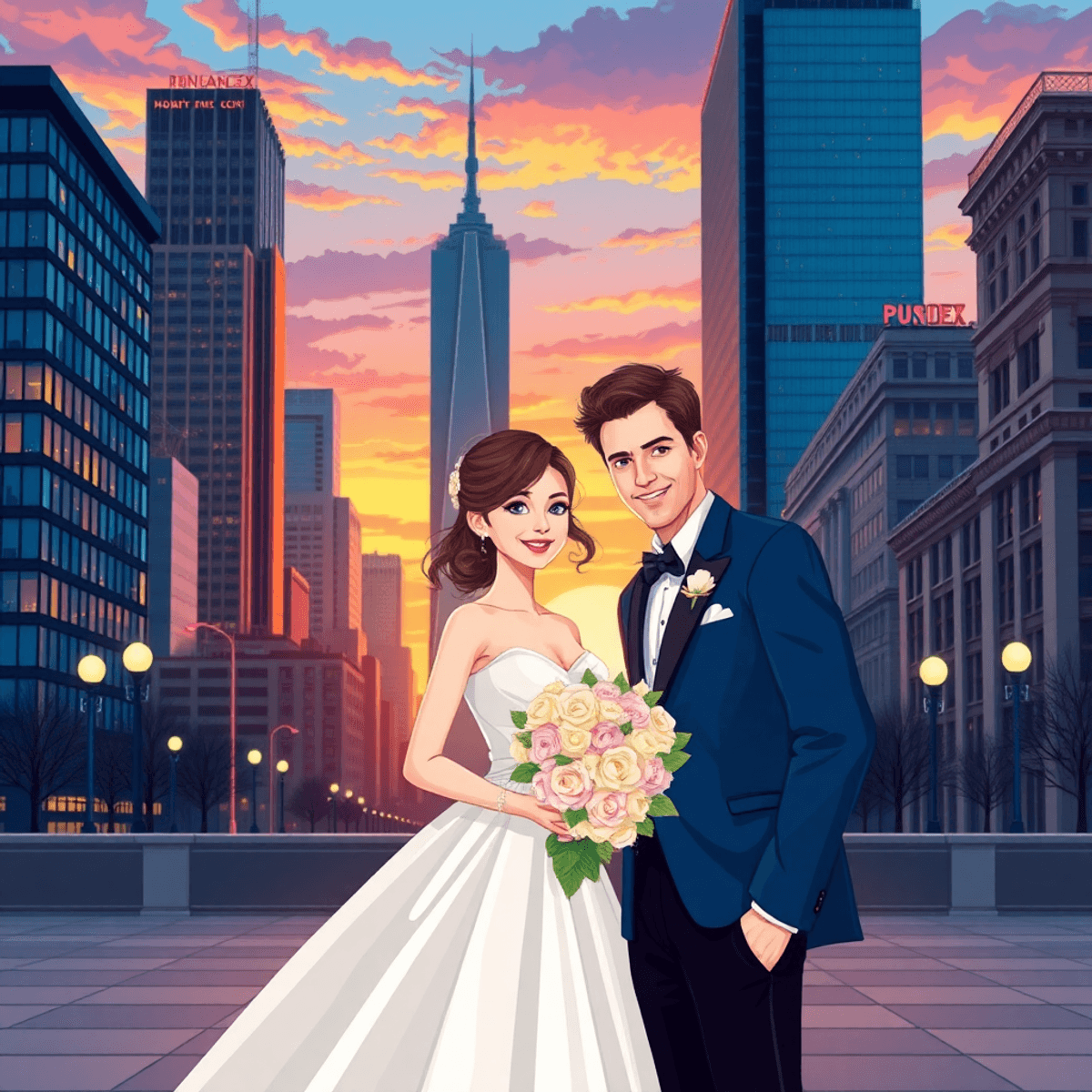 Cartoon of a wedding couple in stylish urban clothes posing against a vibrant cityscape with modern and historic buildings at sunset.