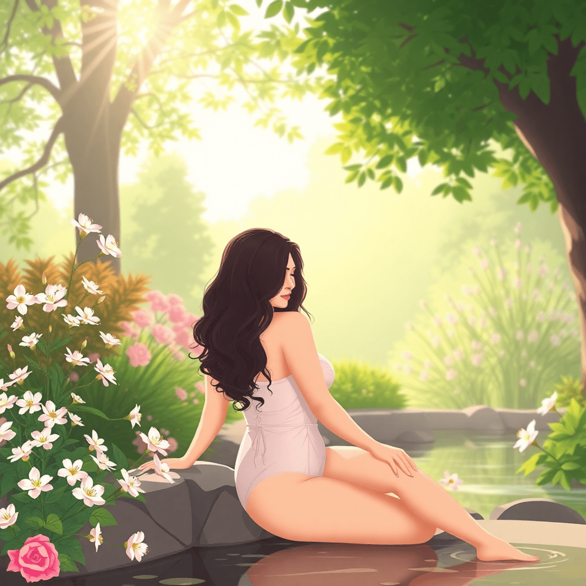 Cartoon-style serene garden with soft light, blooming flowers, and gentle water elements creating an intimate, natural boudoir setting.