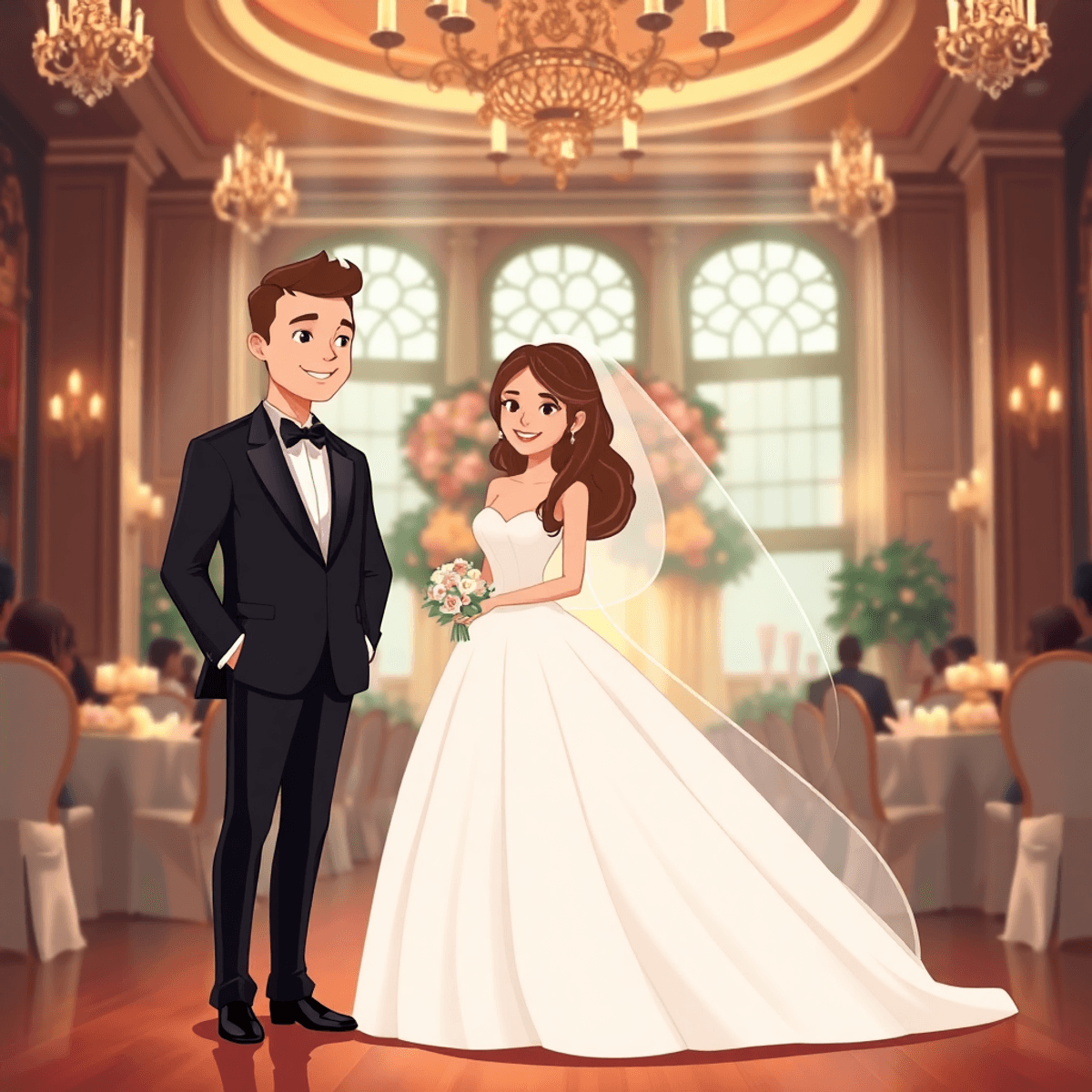 Cartoon of a bride in a white gown and groom in tuxedo at a luxurious wedding venue with warm lighting and elegant atmosphere.