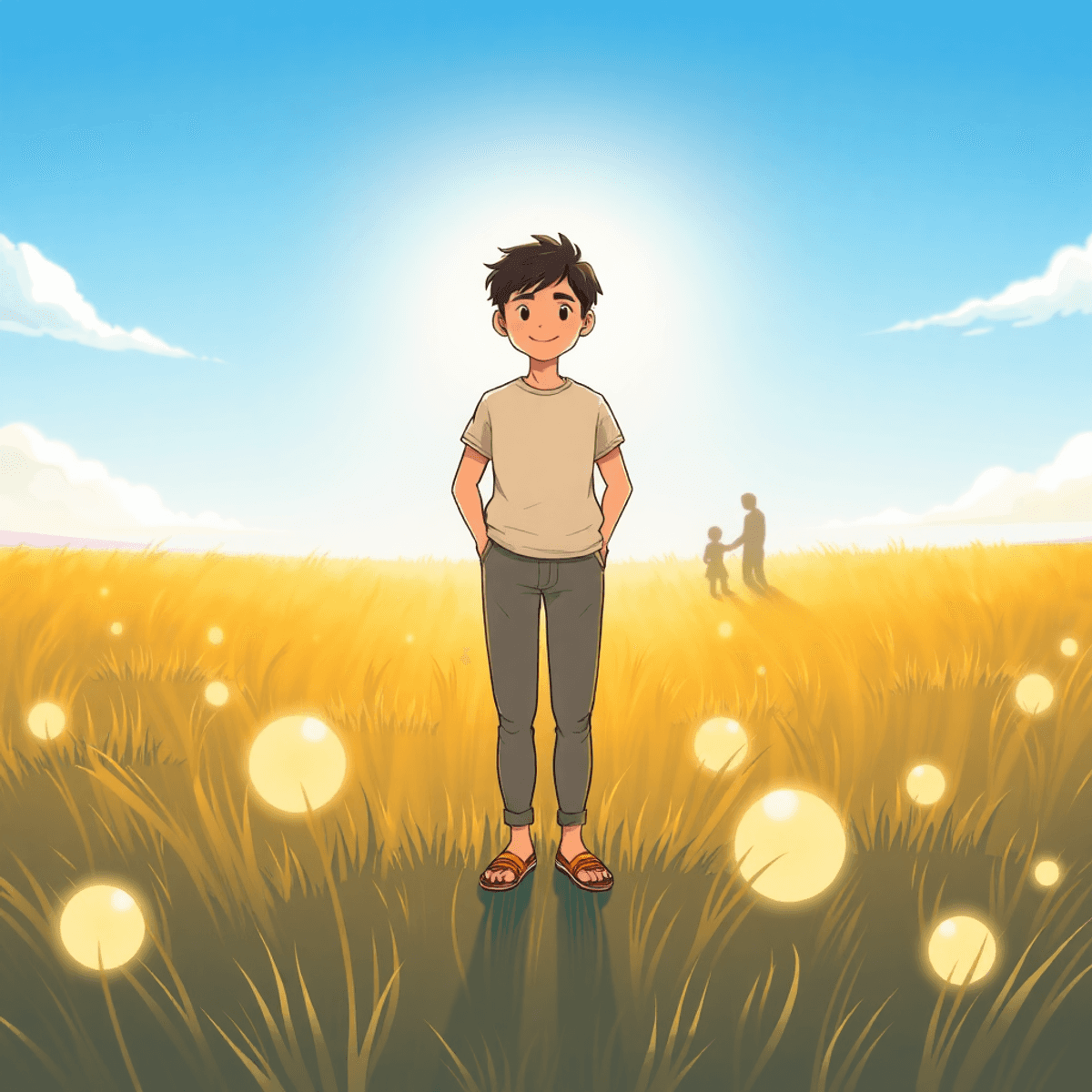 Cartoon of a confident young adult in a sunlit field with glowing abstract shapes around, distant blurred family silhouettes symbolizing emotional distance and resilience.
