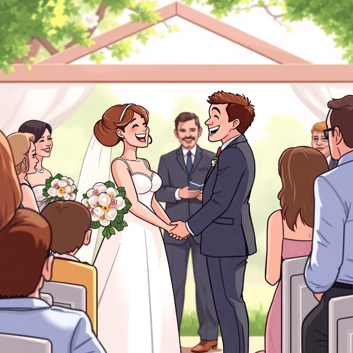 A cartoon-style outdoor wedding scene with a couple laughing during their ceremony, surrounded by joyful family and friends in soft natural lighting.