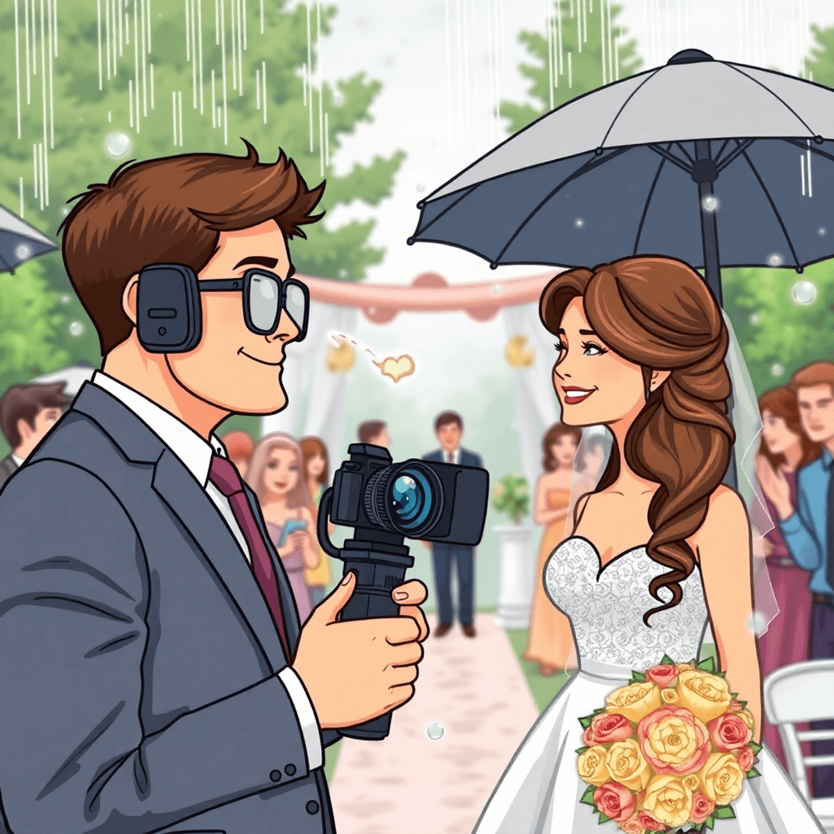 Cartoon of a focused wedding photographer capturing moments at an outdoor wedding with changing weather and busy guests.