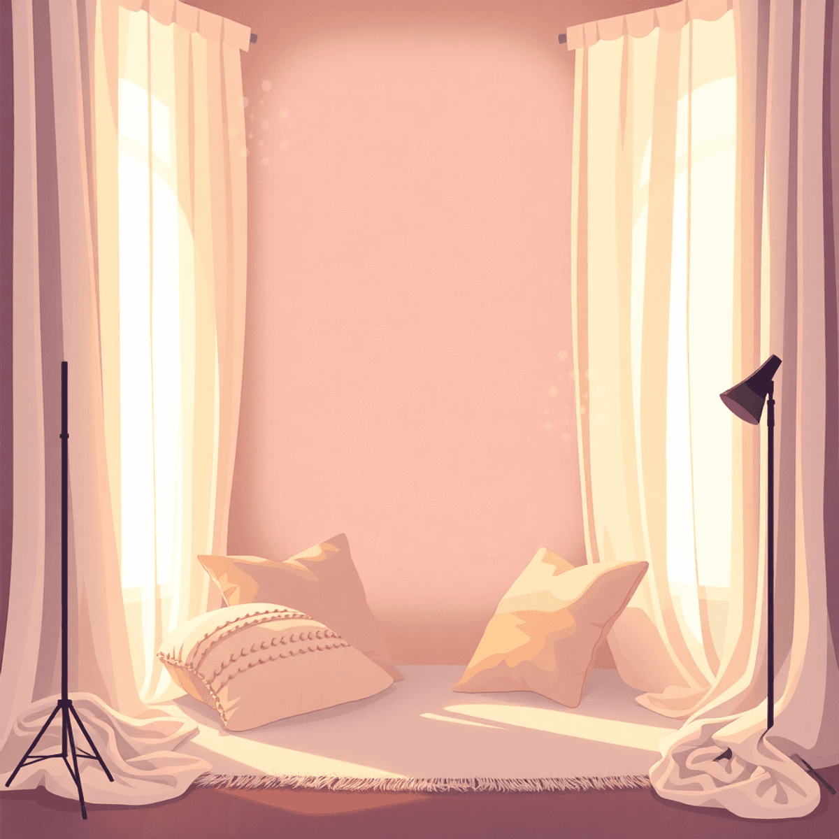 Cartoon-style elegant boudoir studio with warm light, plush cushions, sheer curtains, and soft draped fabrics creating a cozy, serene atmosphere.