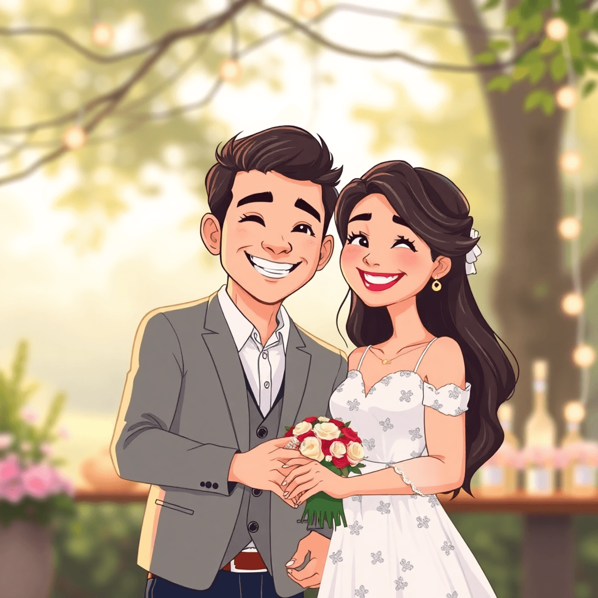Cartoon of a happy couple holding hands outdoors, smiling warmly with flowers and fairy lights around, celebrating their first wedding anniversary.