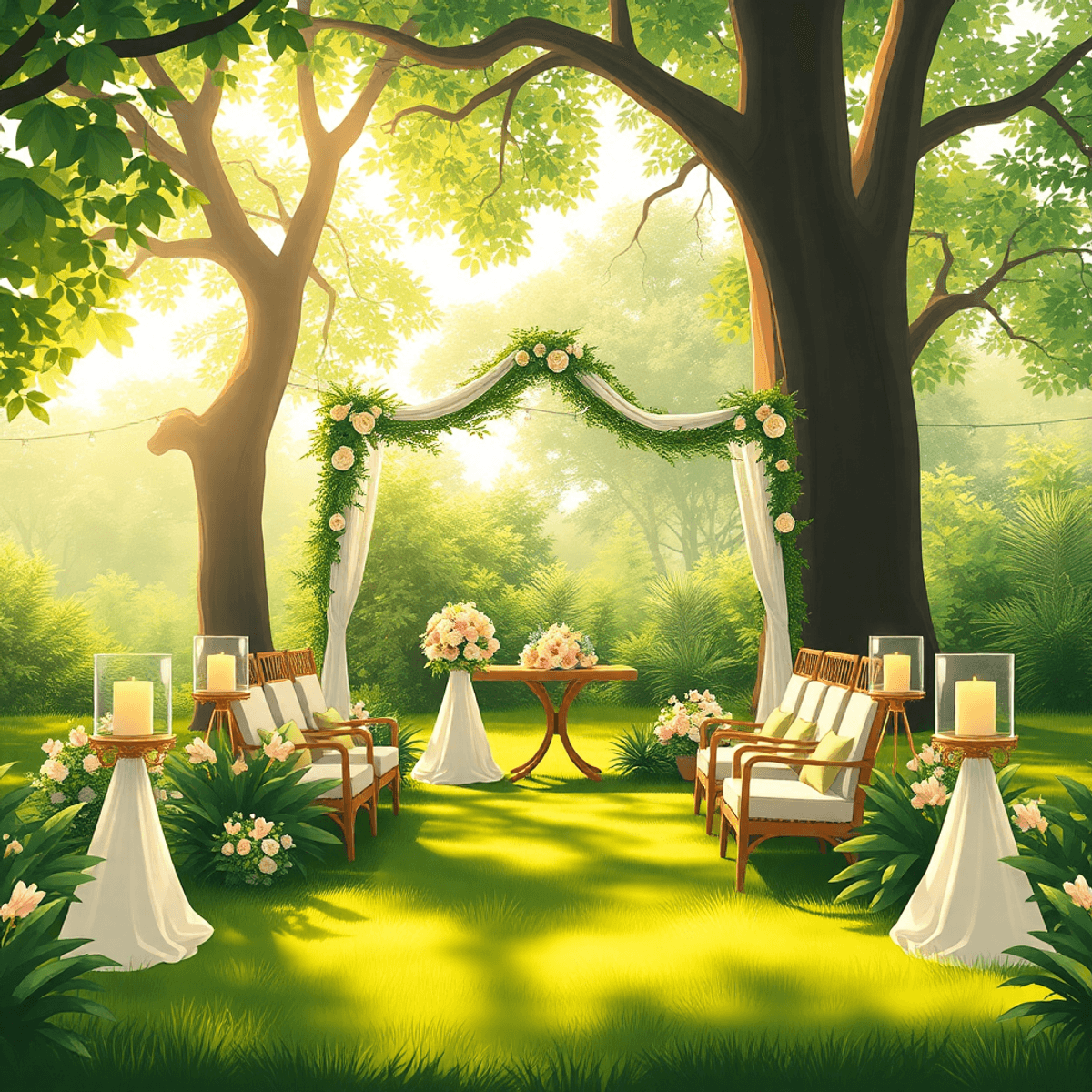 Cartoon-style micro-wedding with elegant decor, lush greenery, floral arrangements, cozy seating, and sunlight filtering through trees in an outdoor setting.