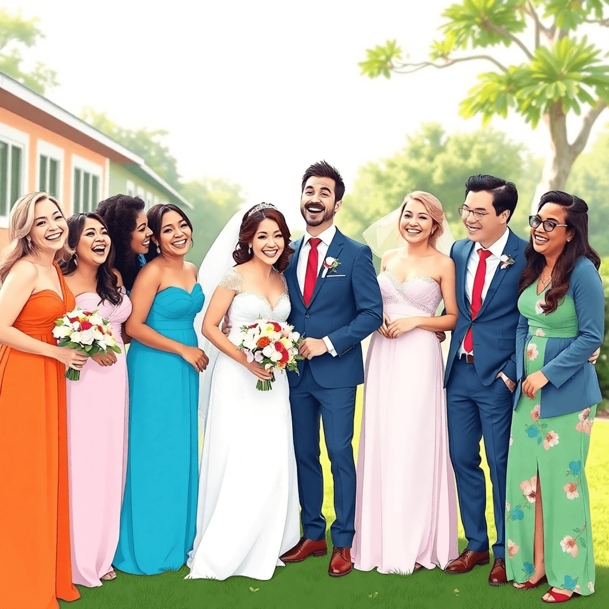 Cartoon-style image of a joyful bridal party outdoors, bridesmaids and groomsmen laughing and posing with vibrant attire in soft natural light.
