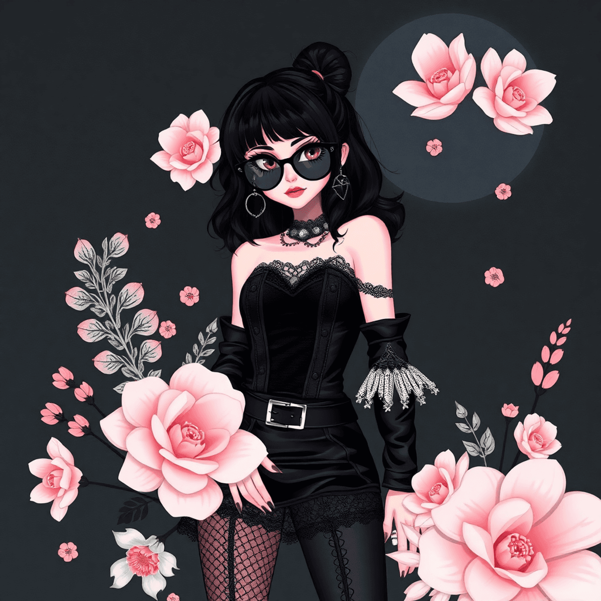 Abstract cartoon composition blending punk rock elements with pastel goth motifs, featuring leather, lace, studs, and floral designs in moody lighting.