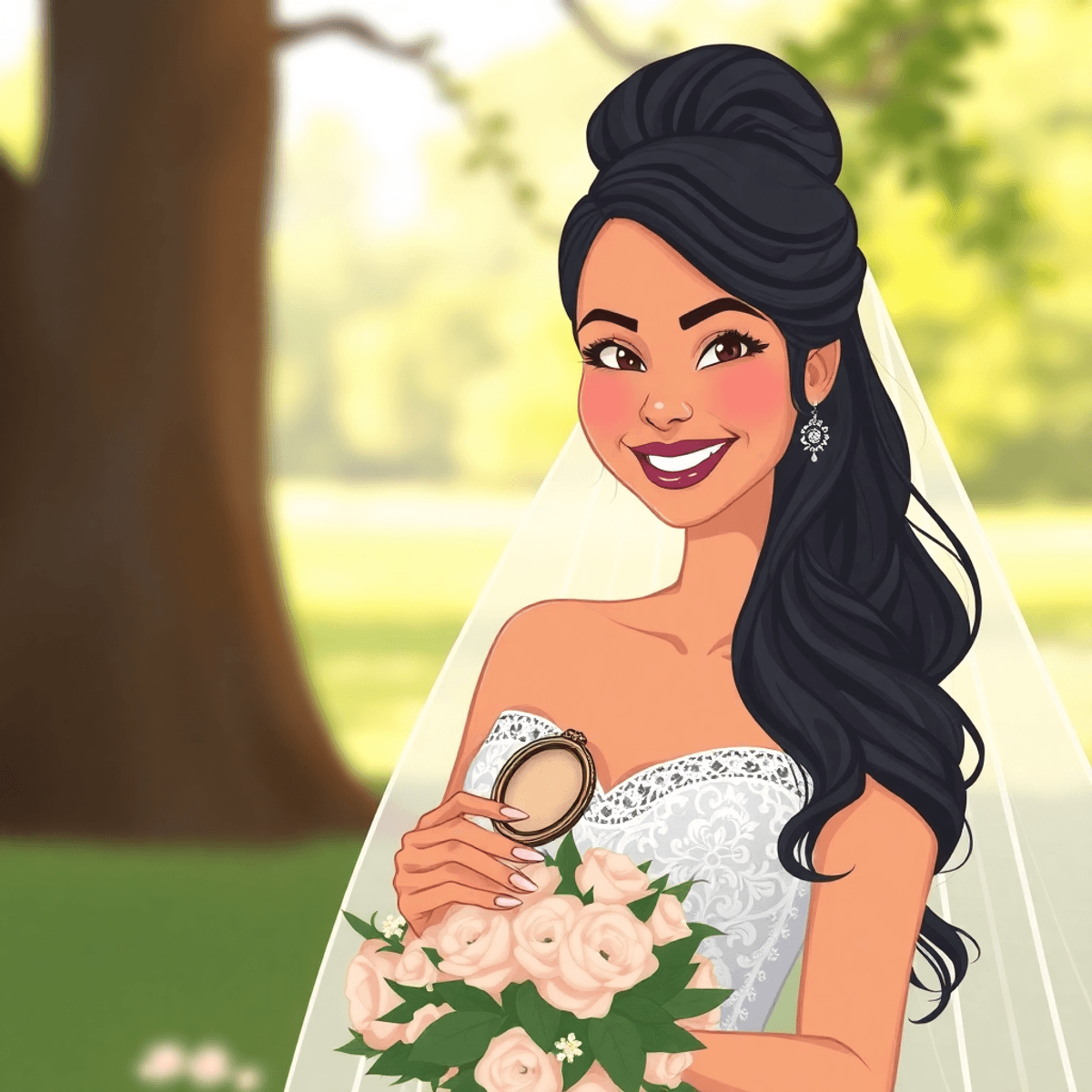 A joyful bride in a serene outdoor setting holds a family heirloom, with soft natural lighting enhancing her elegant portrait in a whimsical cartoon style.