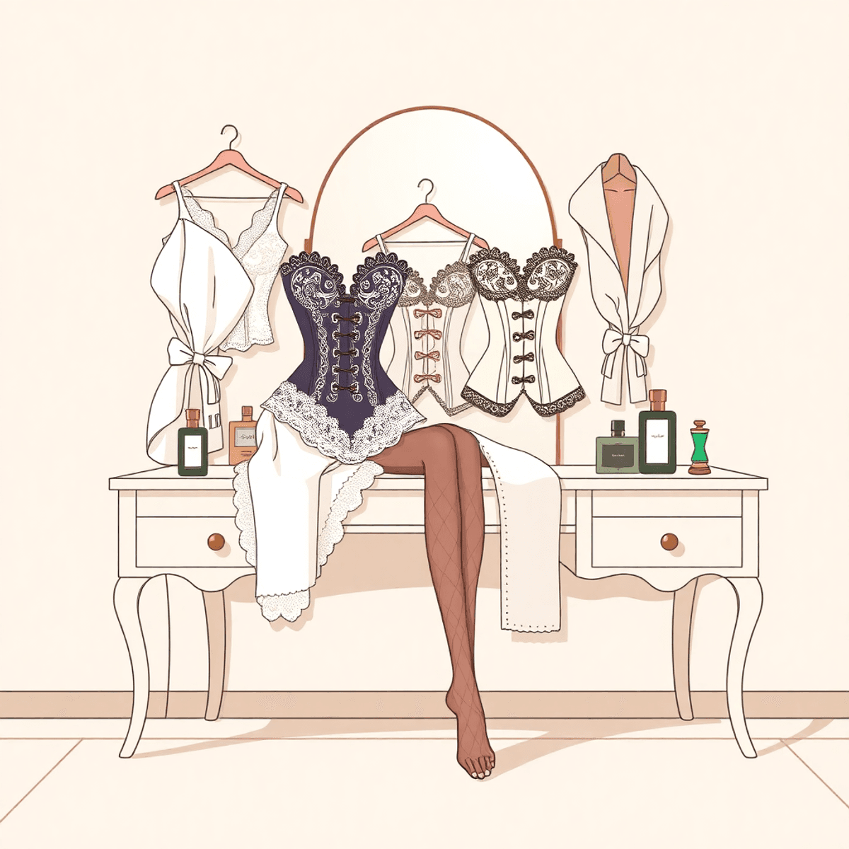 Cartoon-style vintage boudoir with lace corsets, silk robes, retro stockings on vanity table, surrounded by perfume bottles and antique jewelry.