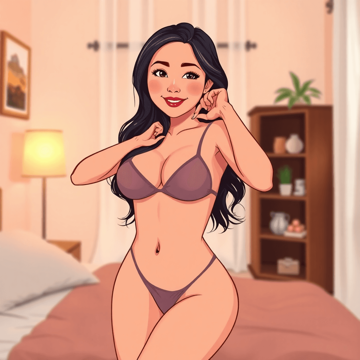 Cartoon-style boudoir scene with soft lighting showcasing a confident woman posing gracefully in an intimate, empowering, and body-positive atmosphere.