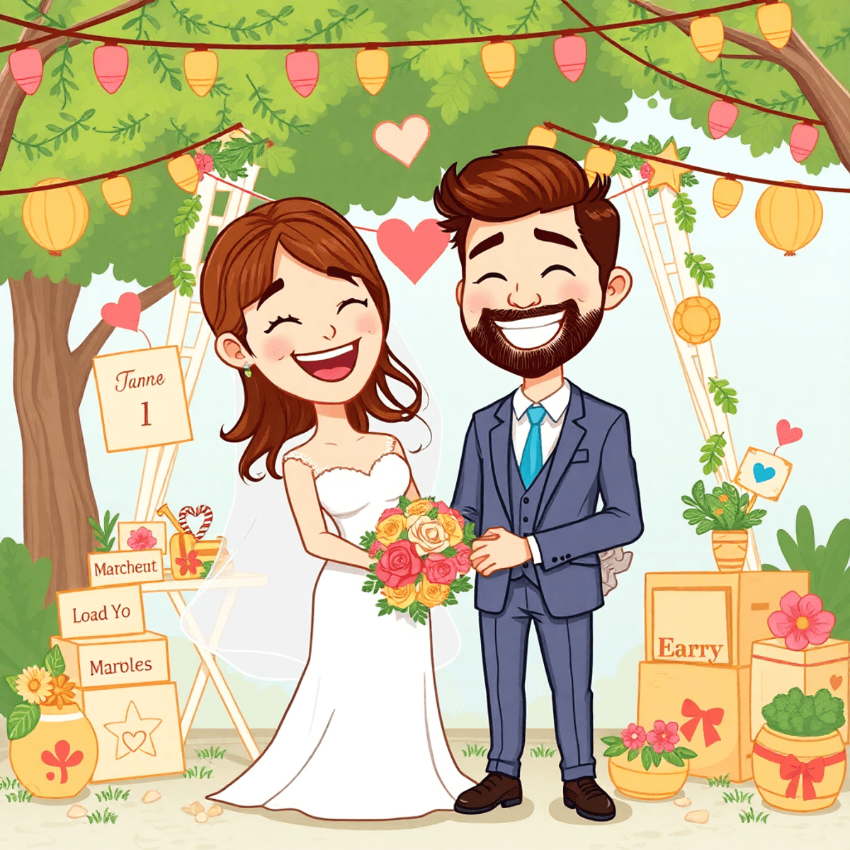 Cartoon of a joyful couple celebrating their wedding outdoors with personalized decor and artistic elements.