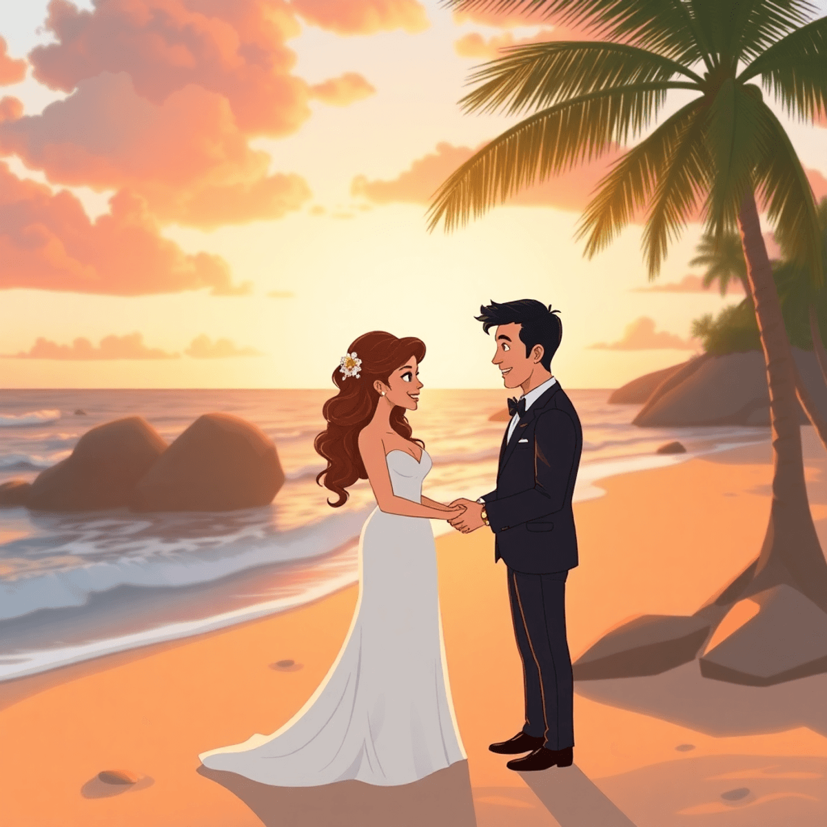 Cartoon of a stylish couple exchanging vows on a secluded beach at sunset with elegant wedding attire and soft golden lighting.