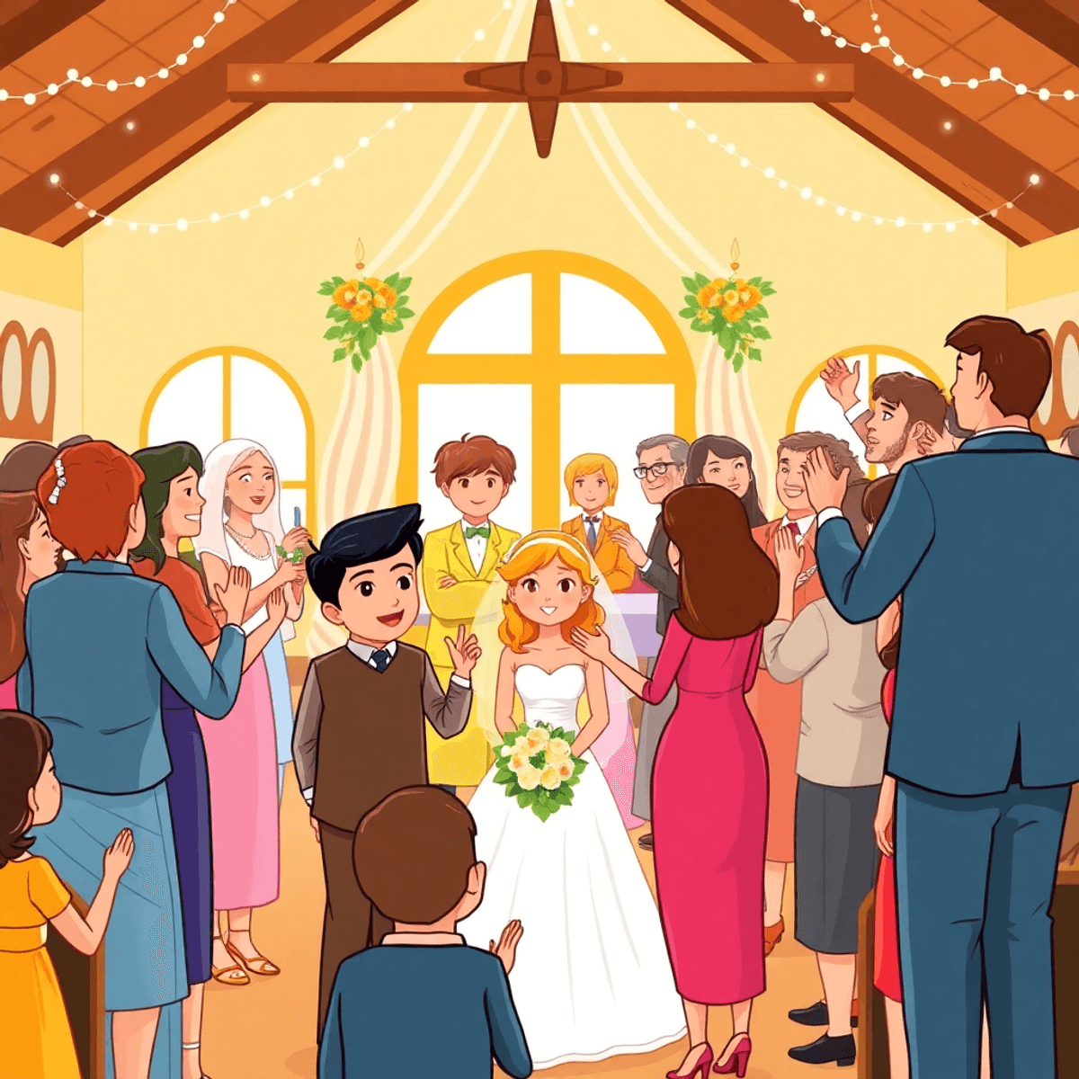 Cartoon wedding scene with a joyful group celebrating both a traditional ceremony with symbols and a lively secular party, blending different styles harmoniously.