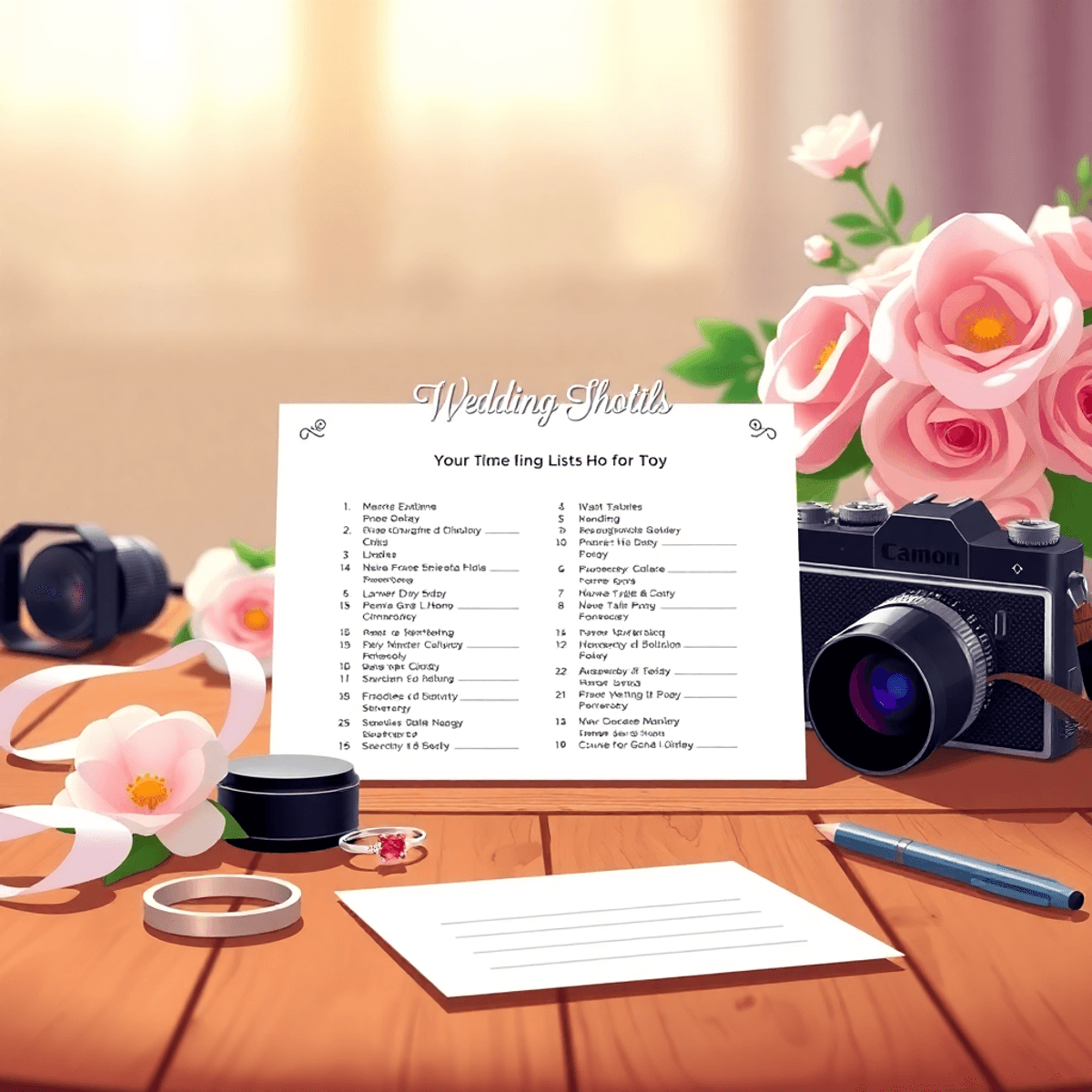 A cartoon-style wedding shot list on a wooden table, with a camera, wedding rings, and a bouquet, all set in soft, romantic lighting.