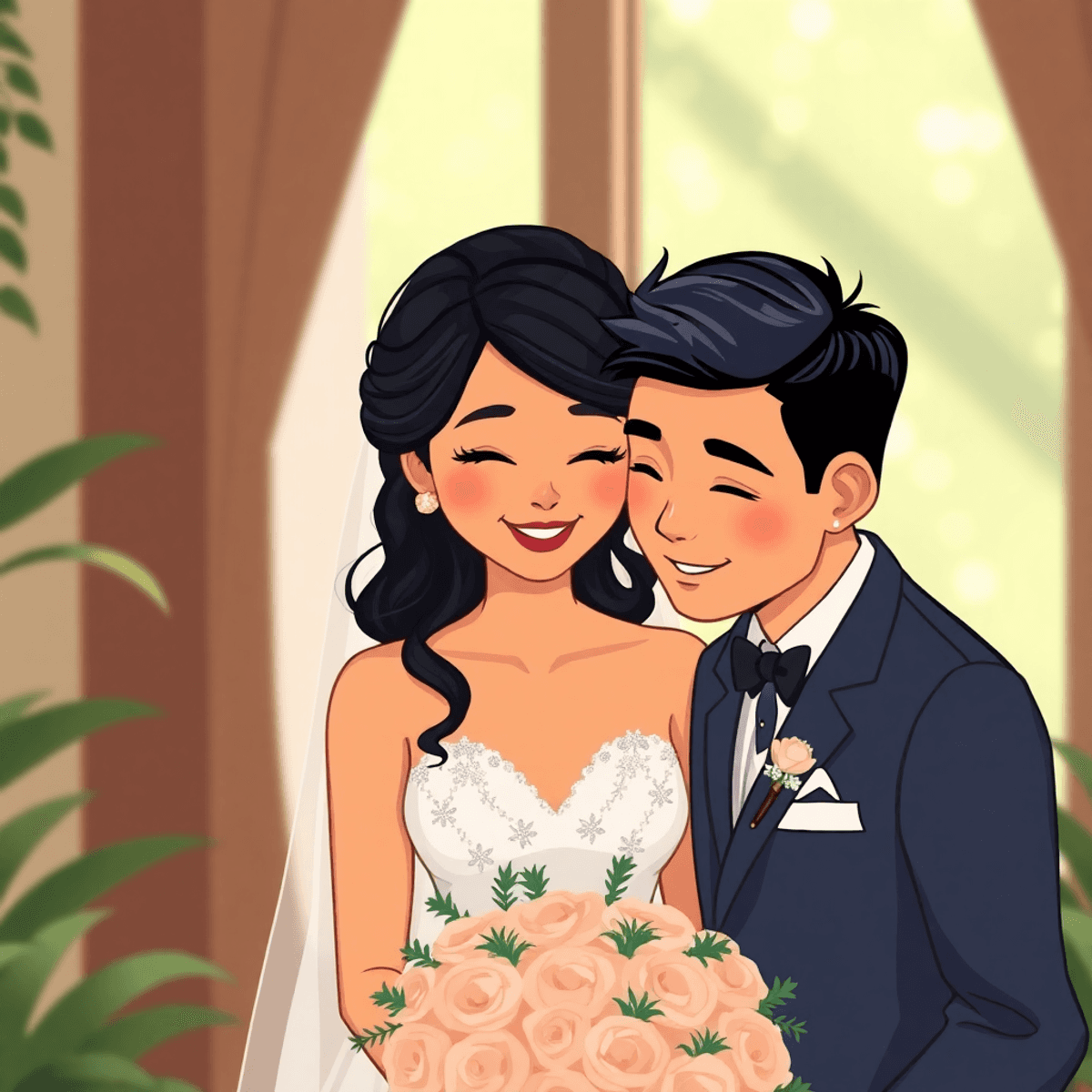 Cartoon-style image of a couple sharing a warm, candid moment on their wedding day, surrounded by soft light and subtle greenery.