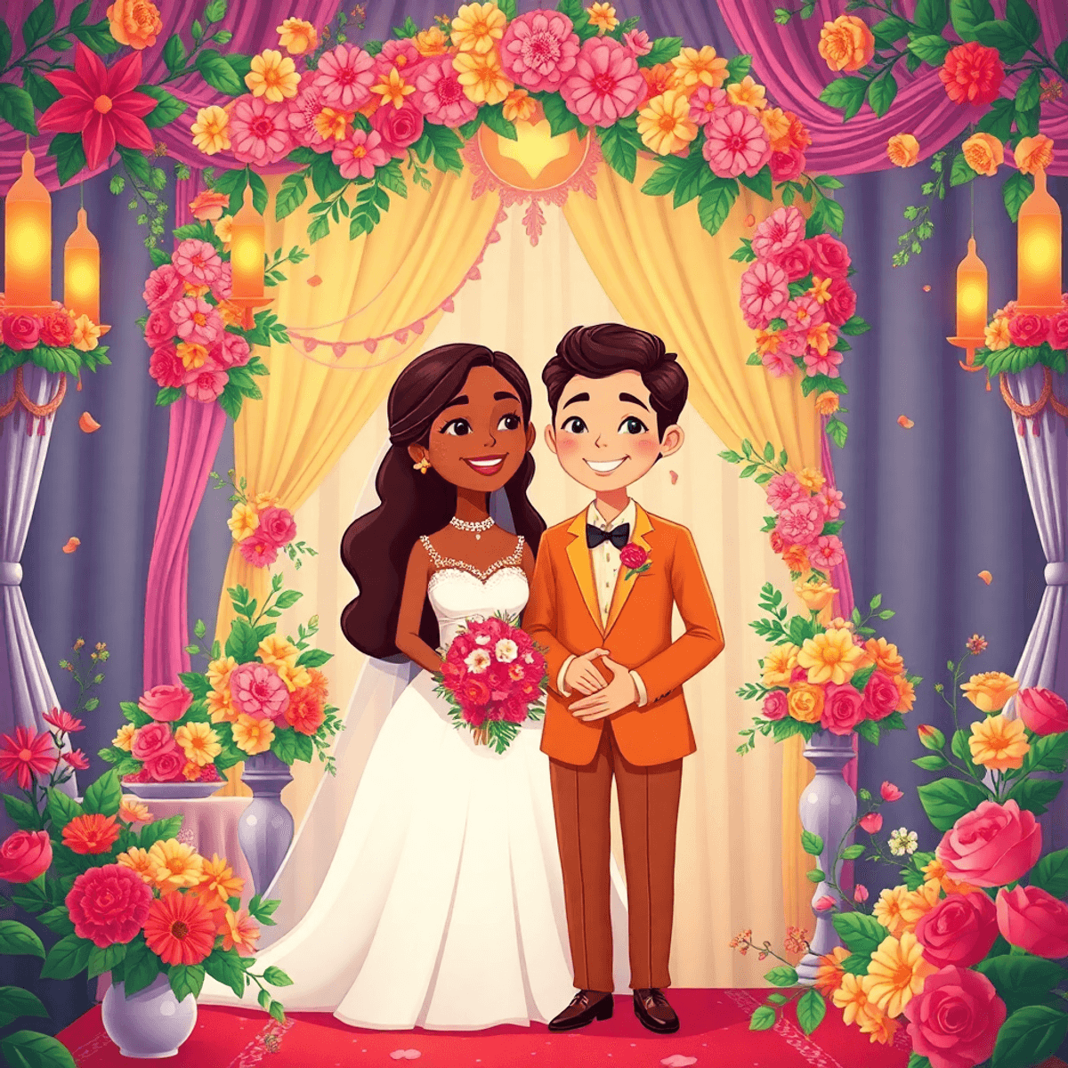 Cartoon-style wedding scene with a joyful couple, colorful flowers, and elegant decorations in warm, vibrant tones celebrating love.