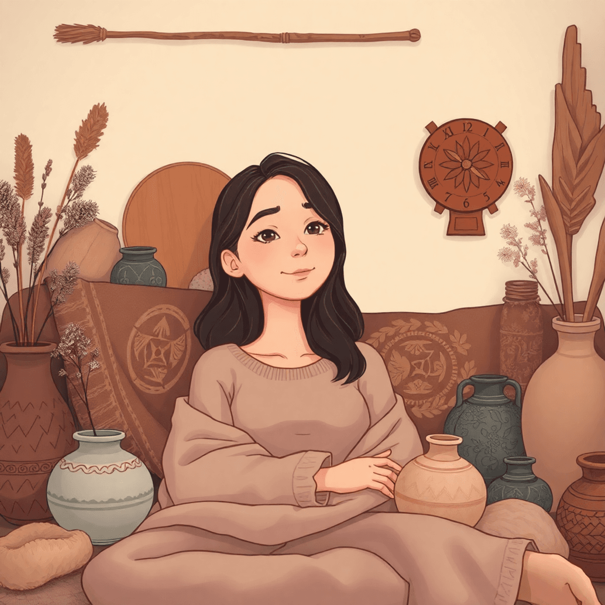 Cartoon-style intimate portrait with a relaxed woman surrounded by vintage blanket, pottery, dried flowers, and wooden elements in a cozy minimalist room.