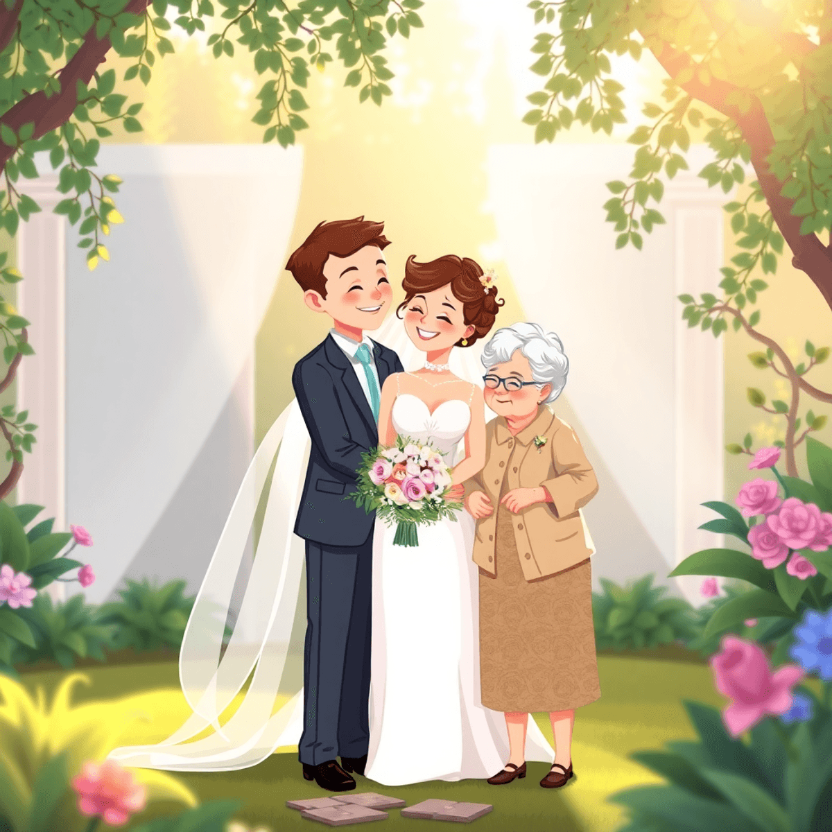 Cartoon of bride and groom sharing a tender moment with grandparents in an elegant garden, bathed in soft natural light, celebrating family love.