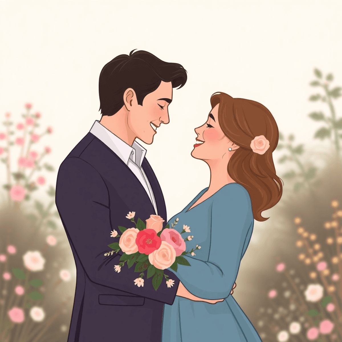 Cartoon-style outdoor engagement scene with a joyful couple surrounded by soft light and delicate floral accents, radiating love and elegance.