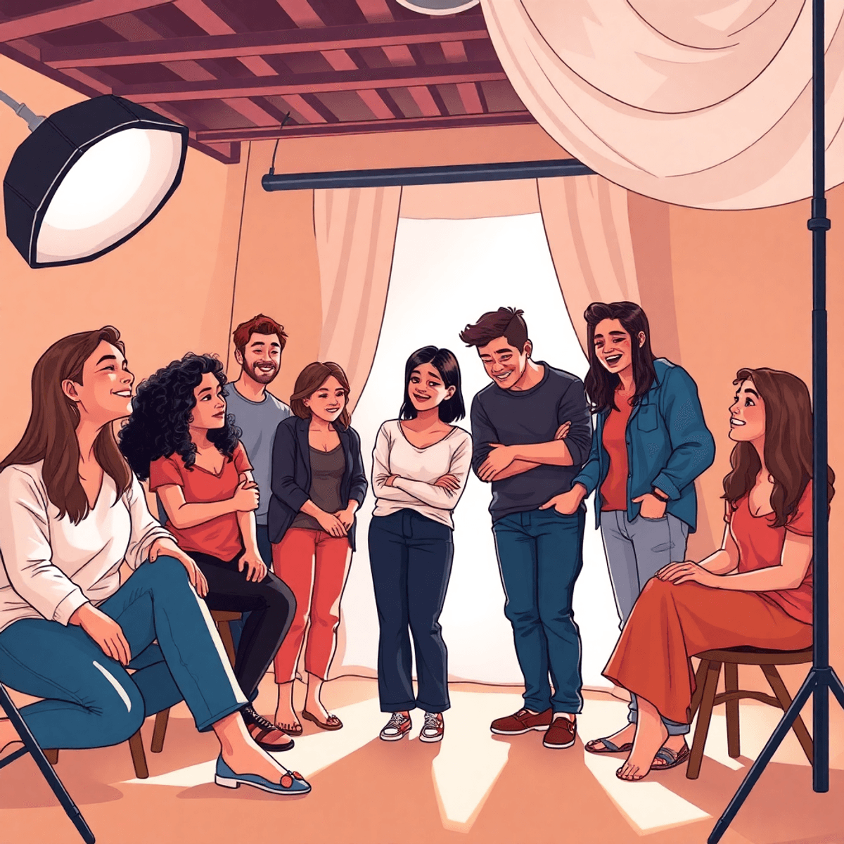 Cartoon-style studio with soft light, diverse group sharing candid moments, flowing fabric and shadows symbolizing creativity and transformation.