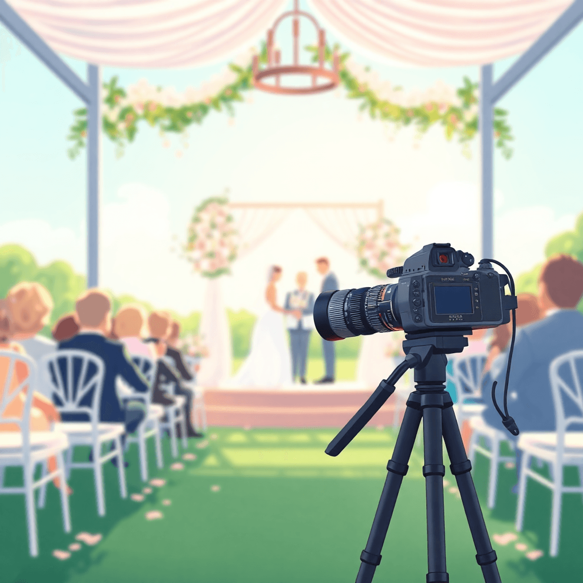 Cartoon-style outdoor wedding with floral decor, soft lighting, and a professional camera on tripod capturing the ceremony.