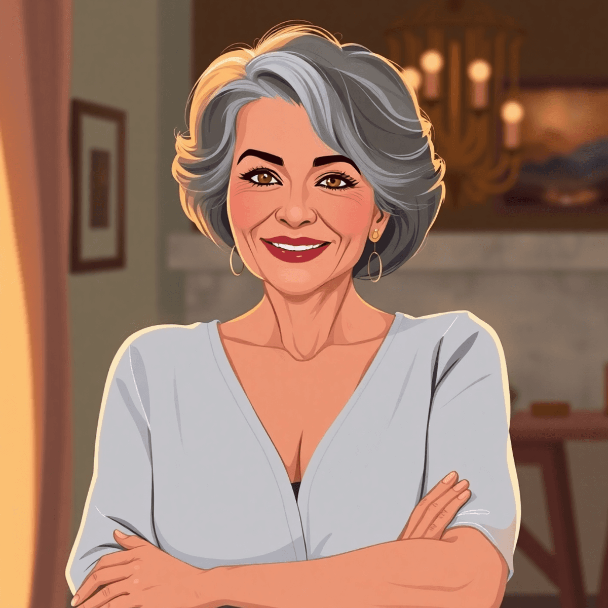 Cartoon-style intimate portrait of a confident older woman with natural beauty, soft lighting, and a warm, empowering atmosphere.