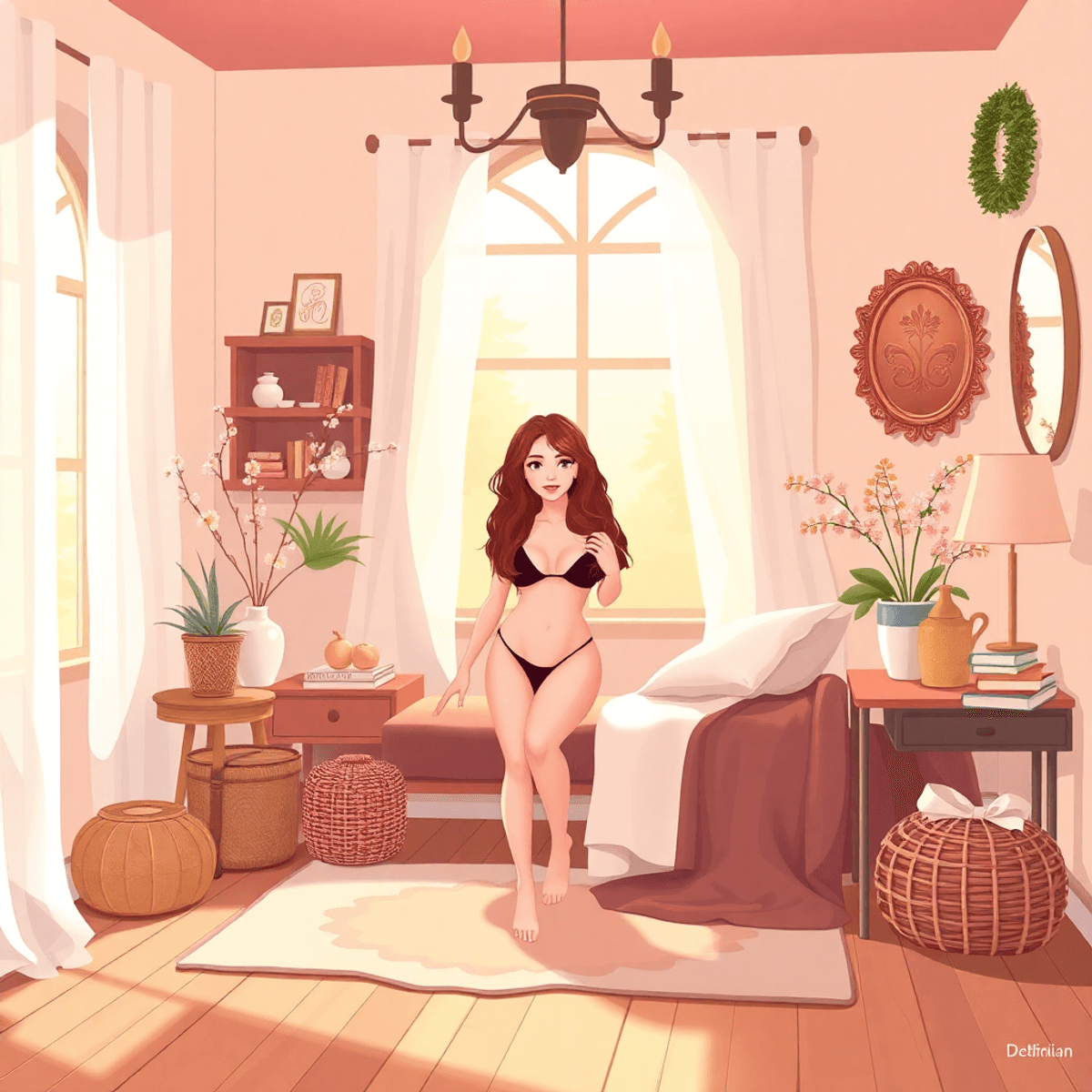 Cartoon-style boudoir scene with soft light and seasonal decor, highlighting elegance, empowerment, and body positivity.