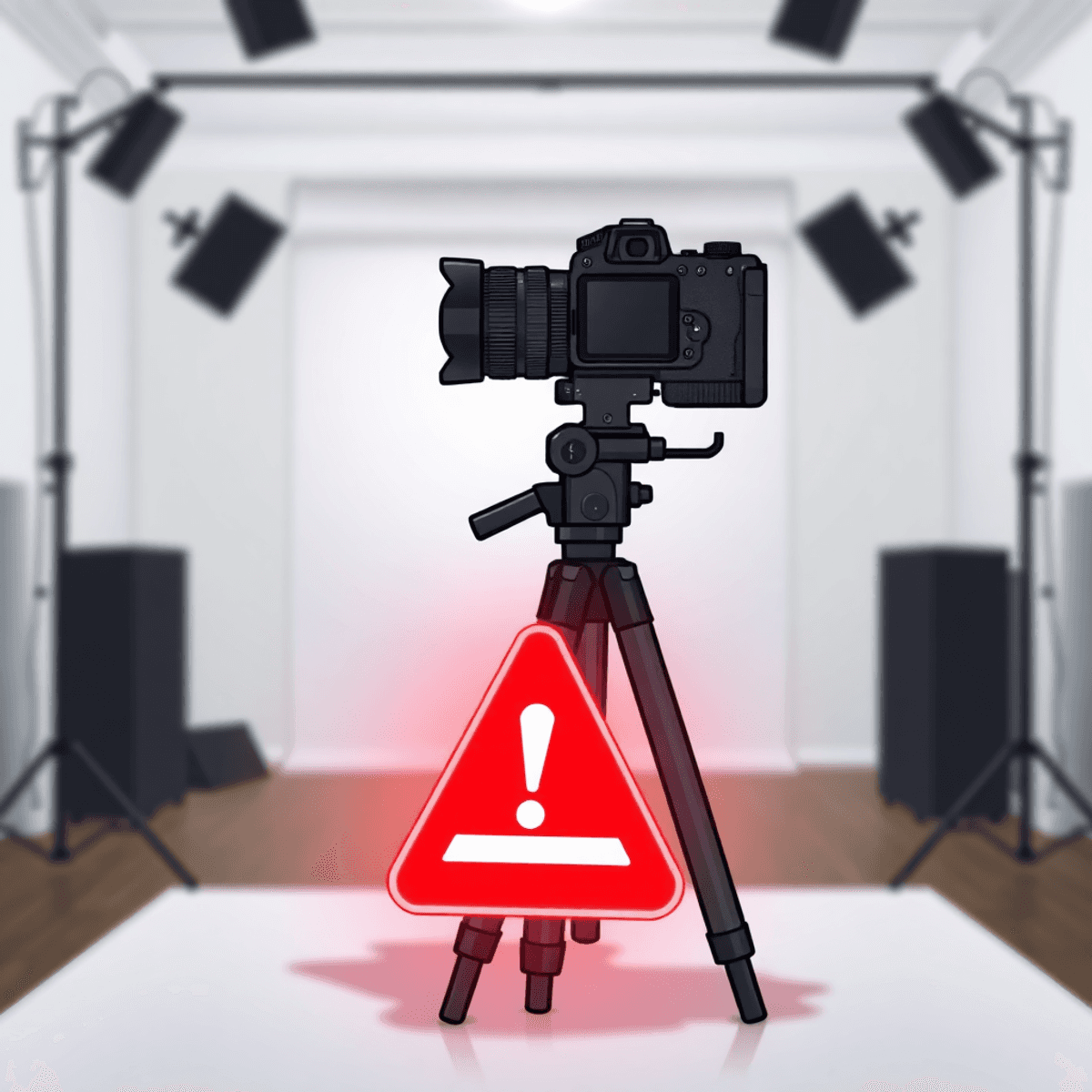 Cartoon-style image of a camera on a tripod with a glowing red warning sign in a blurred, empty photo studio.