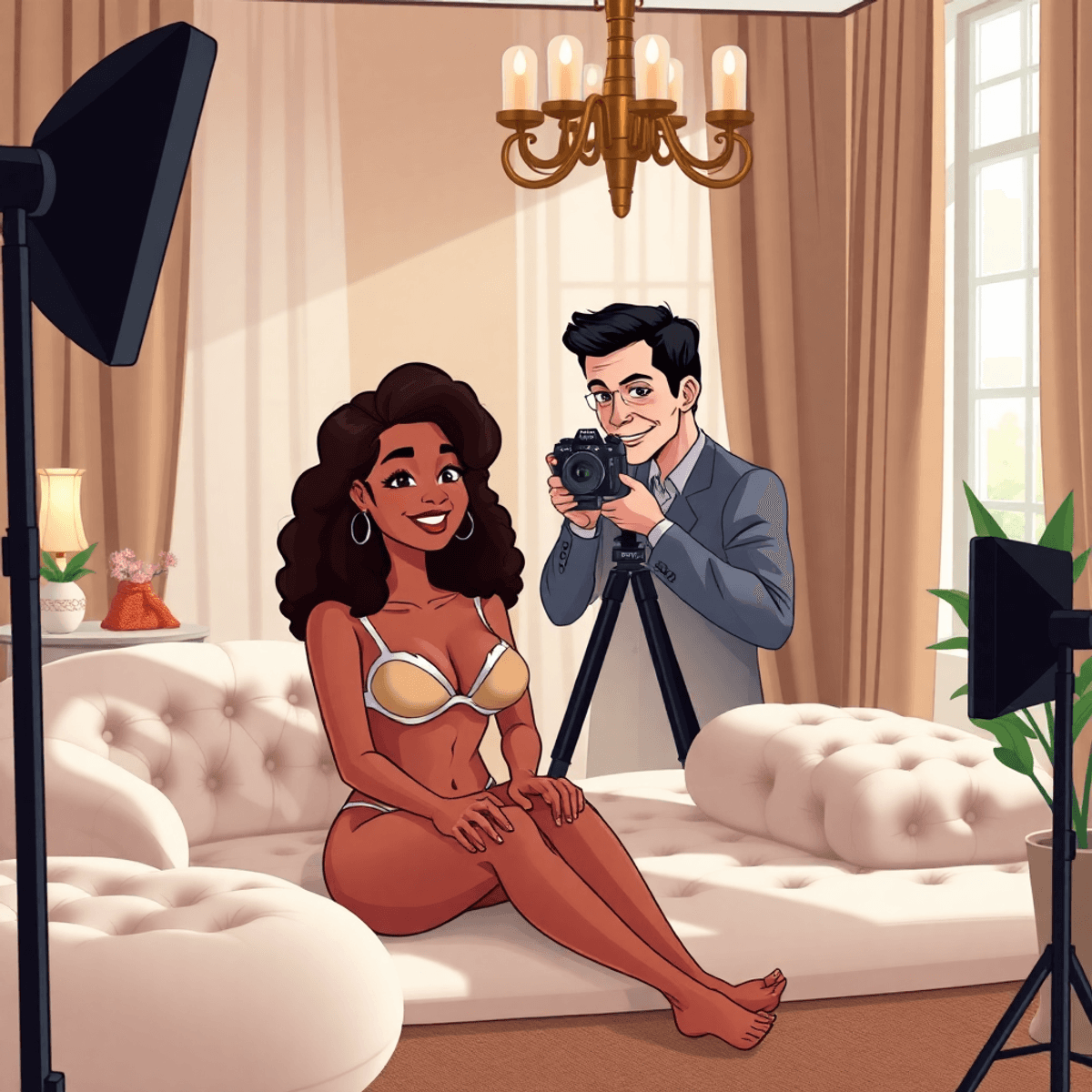 Cartoon of a cozy boudoir studio with soft lighting, elegant decor, and a male photographer respectfully engaging with a woman client.