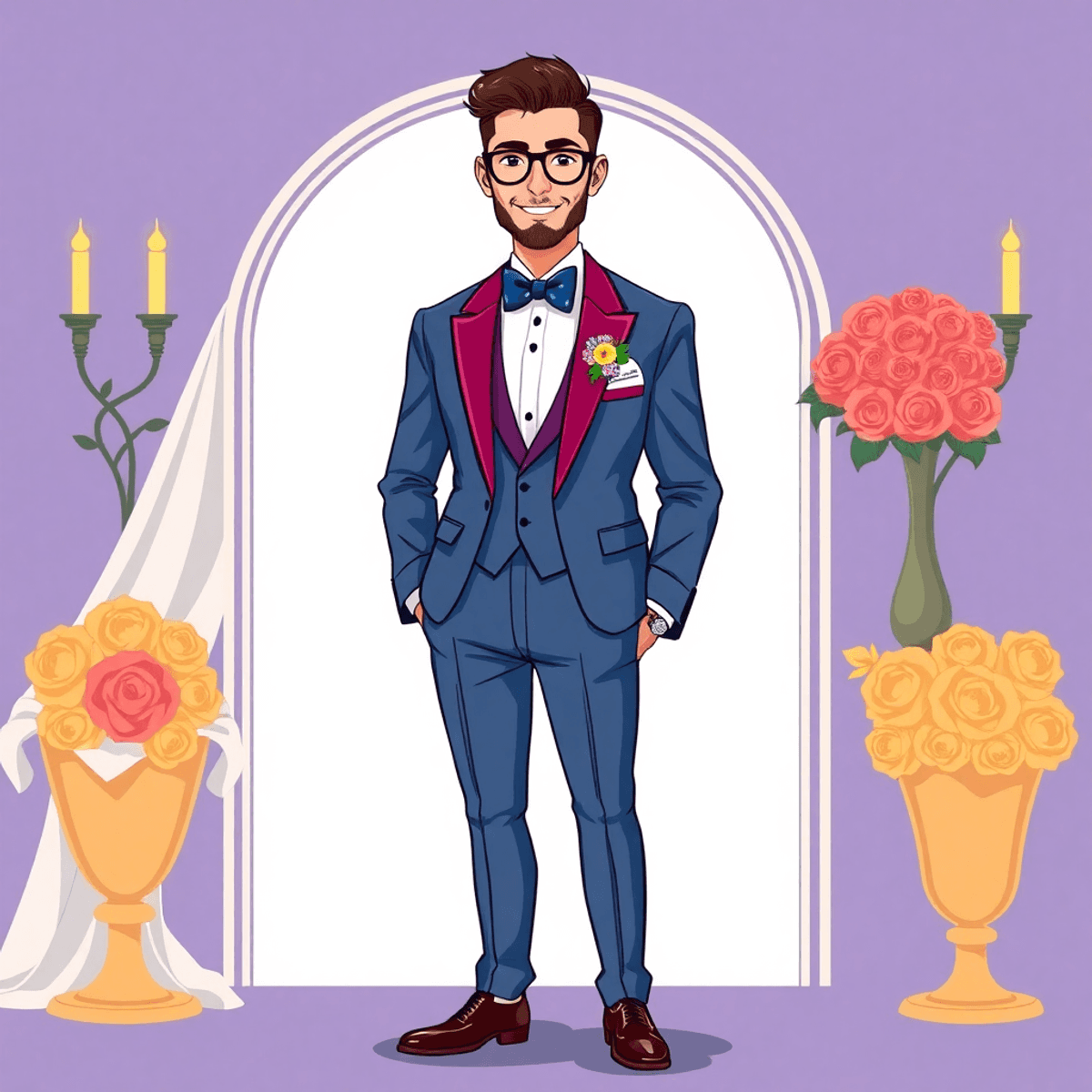 Cartoon groom in a vibrant modern suit with bold colors and unique accessories, posing confidently amid elegant wedding portrait elements.