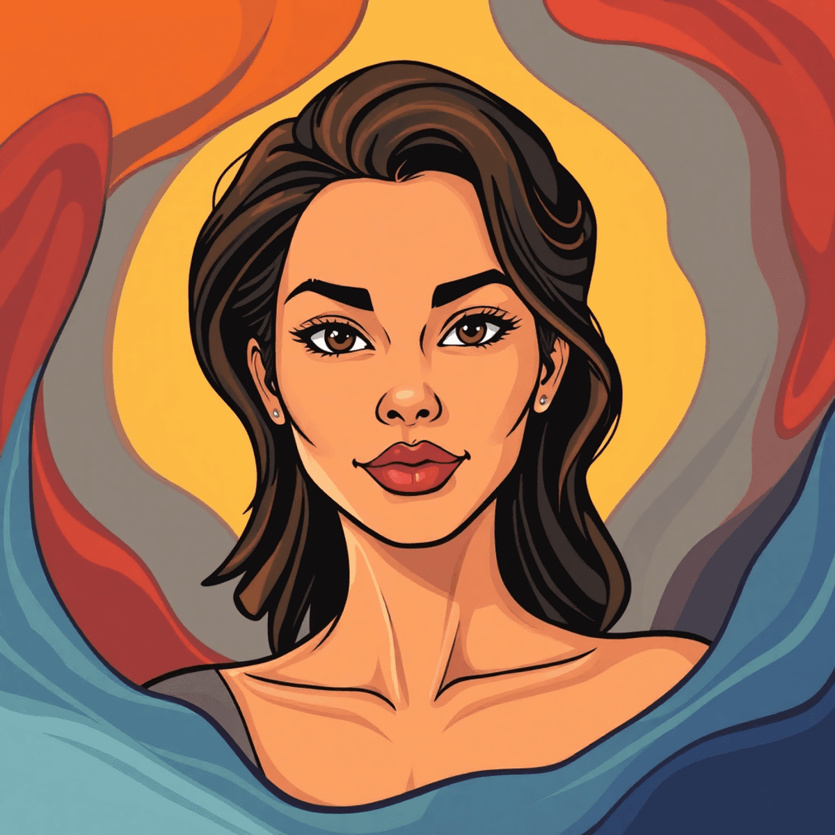 Cartoon portrait of a confident woman surrounded by flowing abstract shapes in warm and cool tones, symbolizing strength and emotional depth.