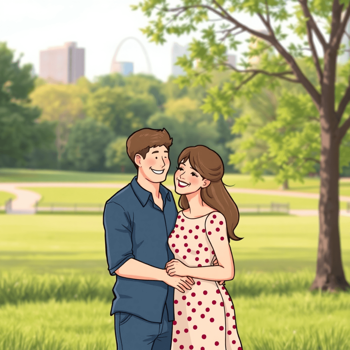 Cartoon couple enjoying a relaxed outdoor engagement photo session in a park with soft light, lush greenery, and a subtle city skyline in the background.