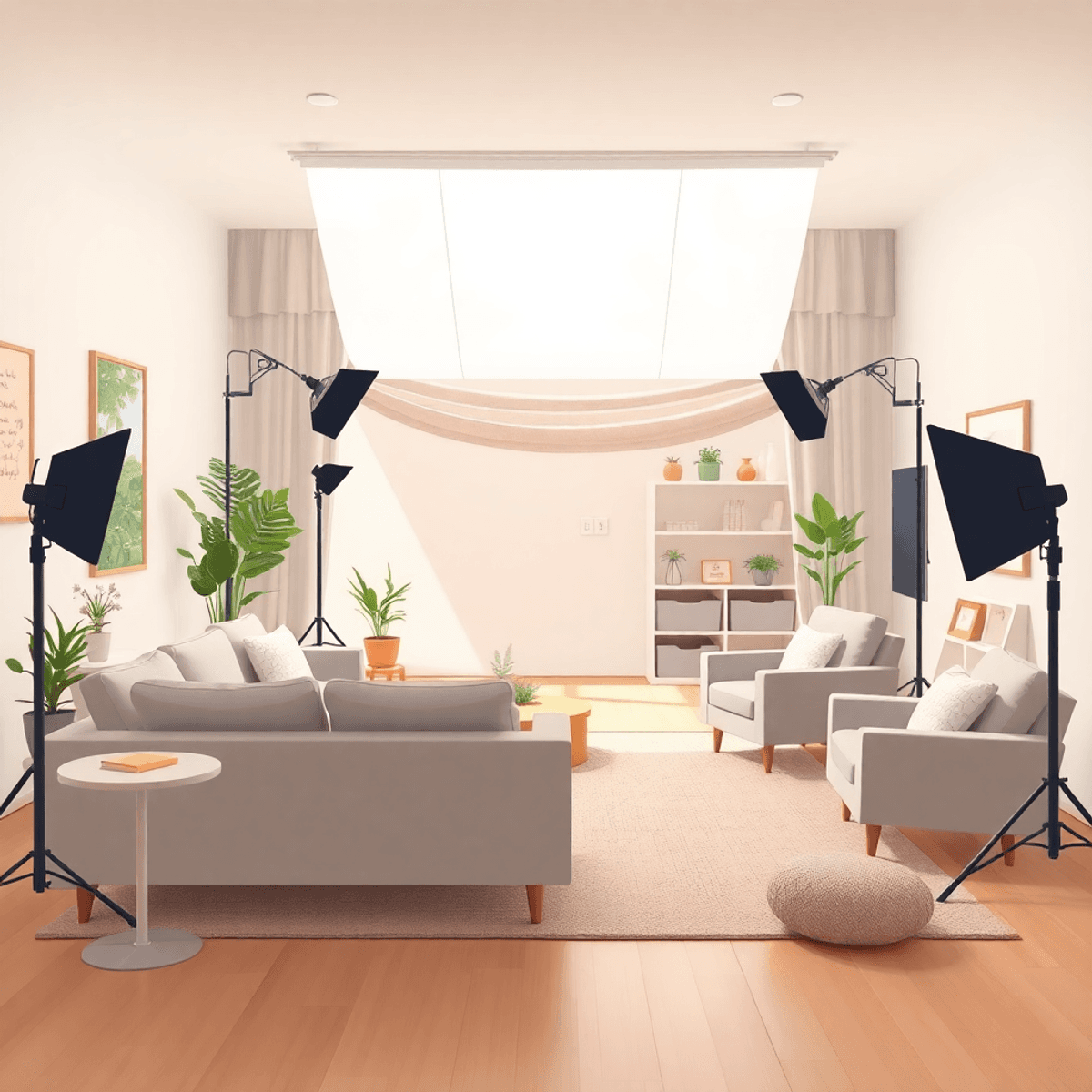 Cartoon-style cozy photography studio with soft lighting, muted colors, textured furniture, and minimal clutter, creating a calm and inviting space.