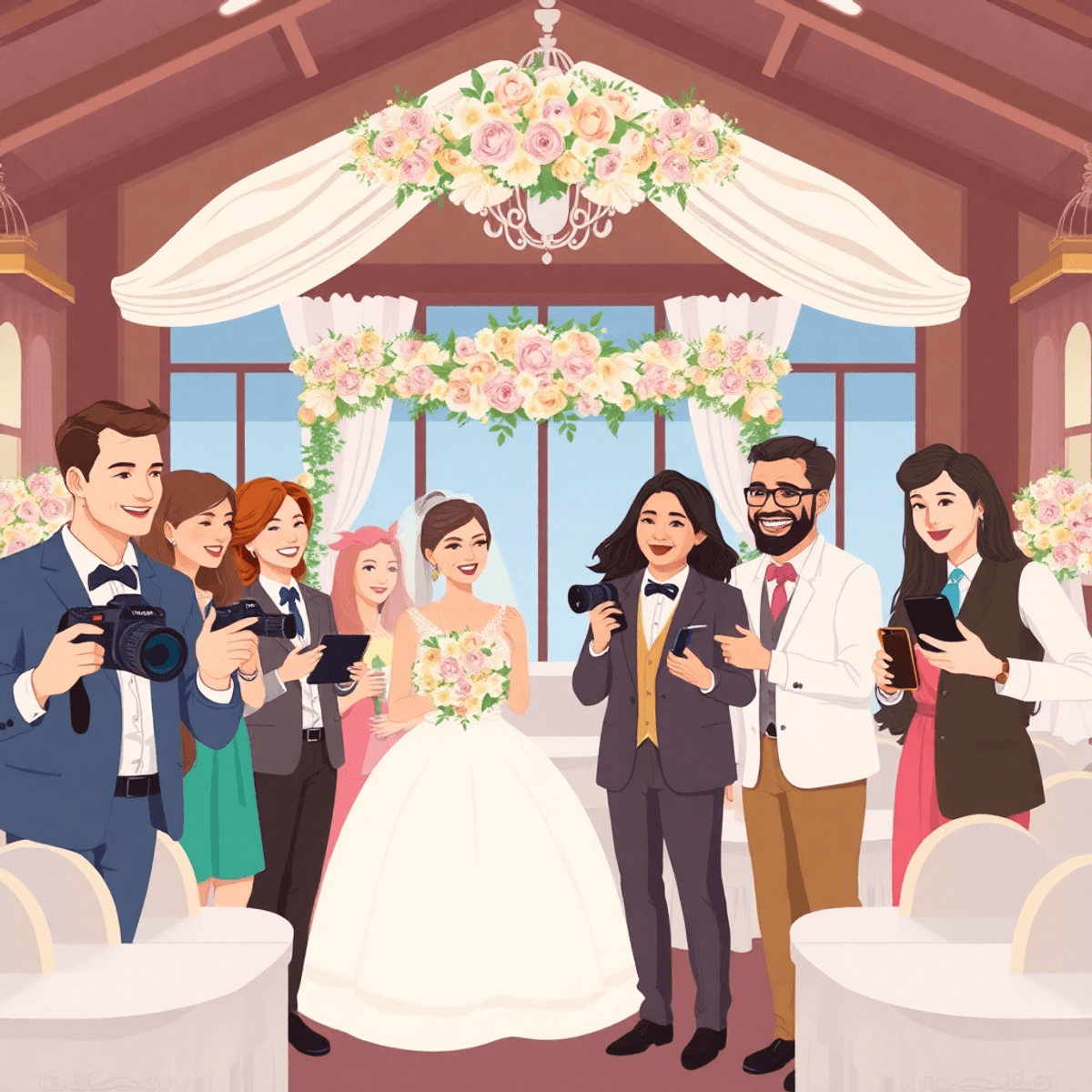 Cartoon of wedding professionals collaborating joyfully at a decorated venue with soft lighting and elegant floral arrangements.