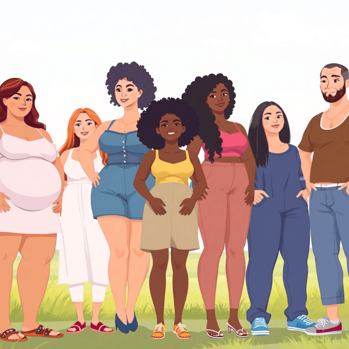 Cartoon of diverse group standing outdoors, confident and comfortable, with warm tones and an open background symbolizing empowerment and self-acceptance.