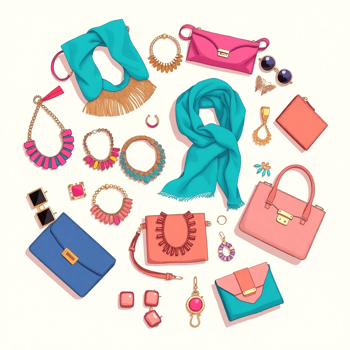 Cartoon-style flat lay of bold jewelry, colorful scarves, and chic handbags arranged on a soft neutral background, evoking confidence and personal style.