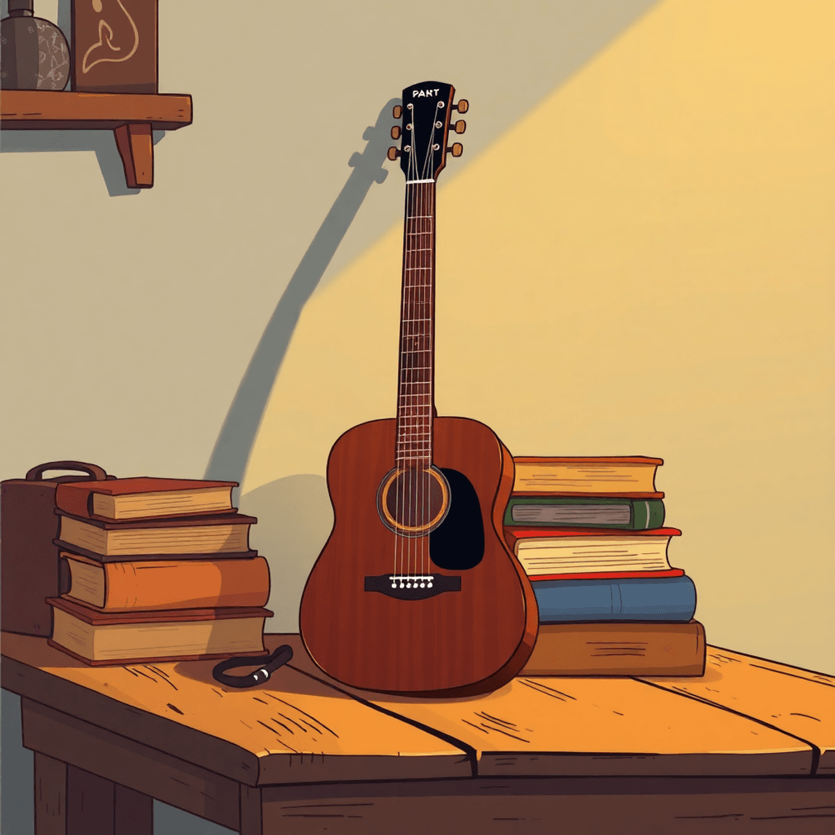 Cartoon-style cozy scene with a worn guitar leaning on stacked books on a wooden table, softly lit to create a warm, creative atmosphere.