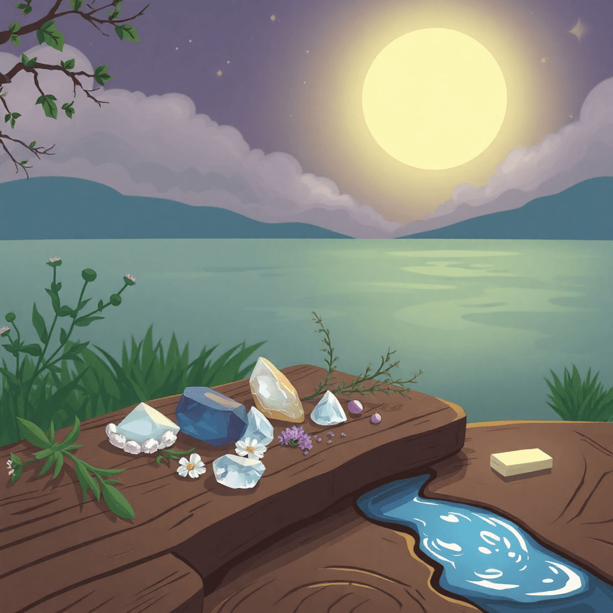 Cartoon scene with glowing moon over a wooden surface holding crystals and herbs, beside a reflective stream, evoking calm and spiritual wellness.