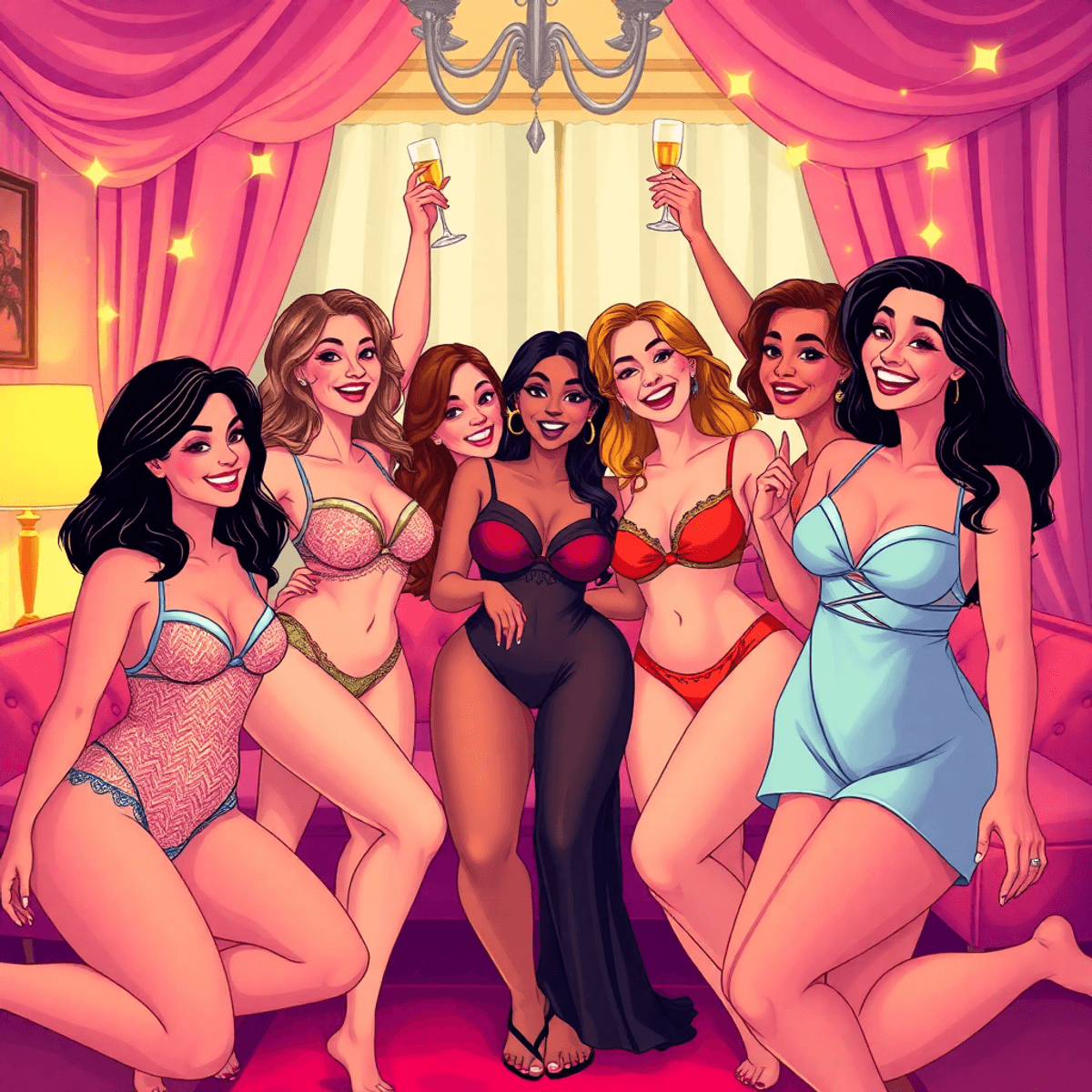 Cartoon-style boudoir party with friends in elegant lingerie, warm lighting, and a cozy, stylish setting celebrating empowerment and body positivity.